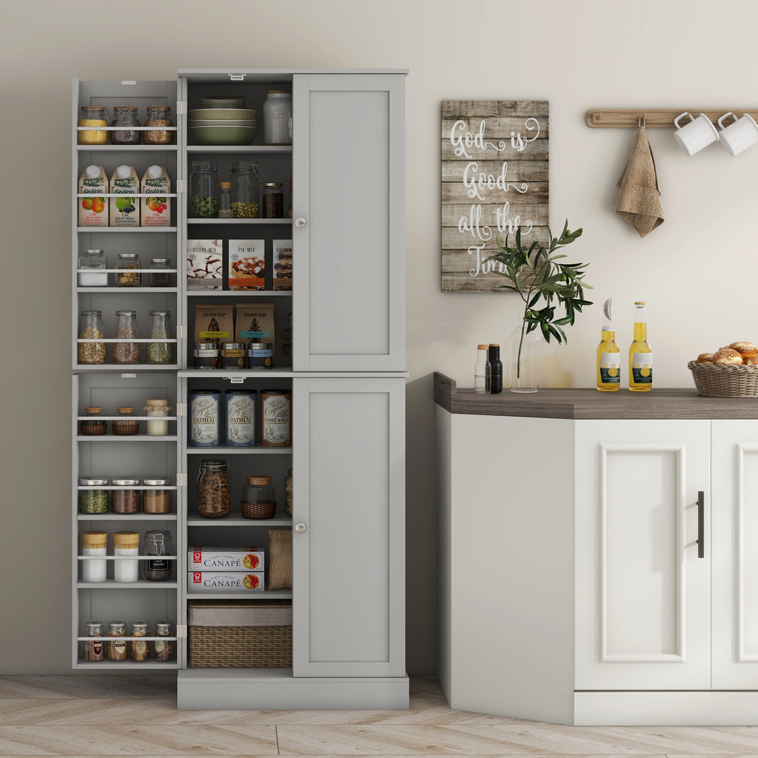 Homcom 65" Kitchen Pantry Cabinet, Modern Storage Cabinet With Doors And Shelves, Freestanding Cupboard For Dining Room, Gray Gray Particle Board