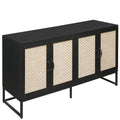 Rattan 4 Door Sideboardsideboard Buffet Storage Cabinet,Accent Storage Cabinetlarge Cabinet With 4 Rattan Decorated Doors For Living Room Dining Room Black Modern Particle Board Mdf