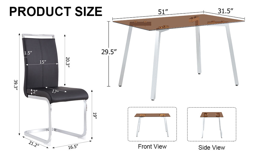 1 Table And 4 Chairs, Brown Tempered Glass Tabletop And Silver Metal Legs, Modern Minimalist Style Rectangular Glass Dining Table, Paired With 4 Modern Silver Metal Leg Chairs. 1123C 1162 Brown Seats 4 Glass