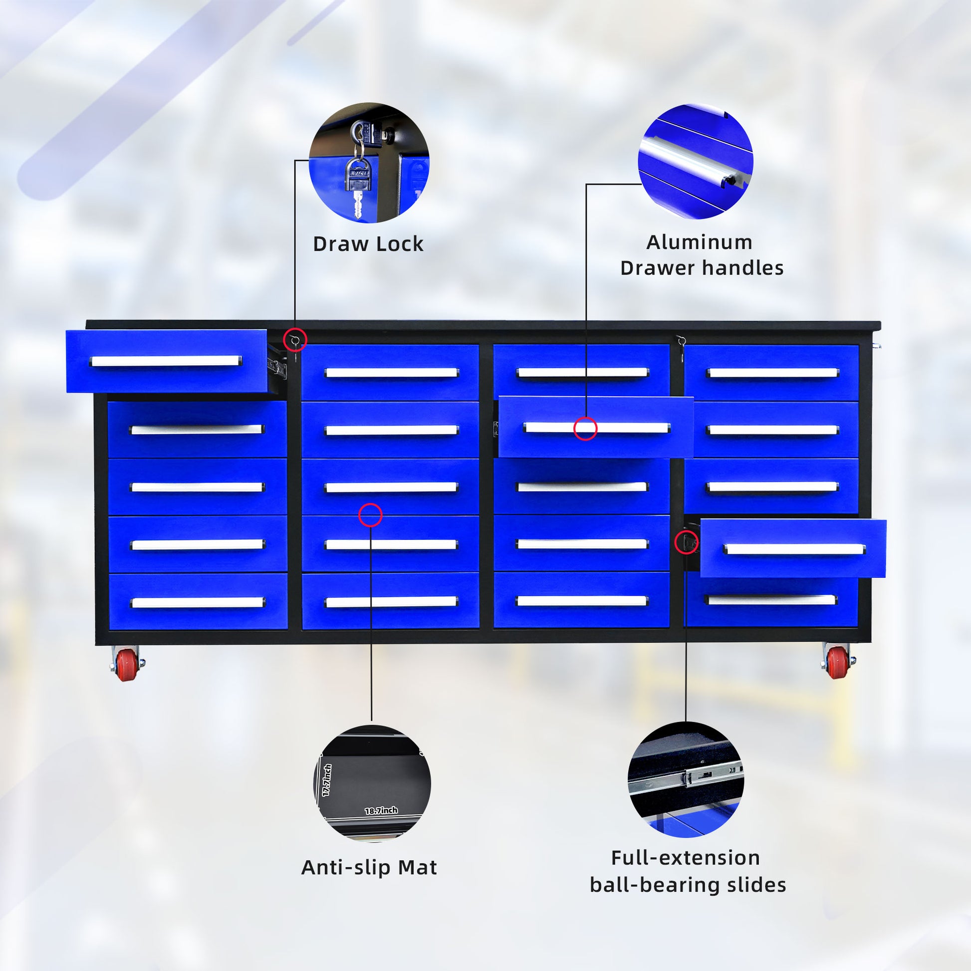 7Ft Garage Storage Cabinets With Workbench 20 Drawers Blue Blue Steel