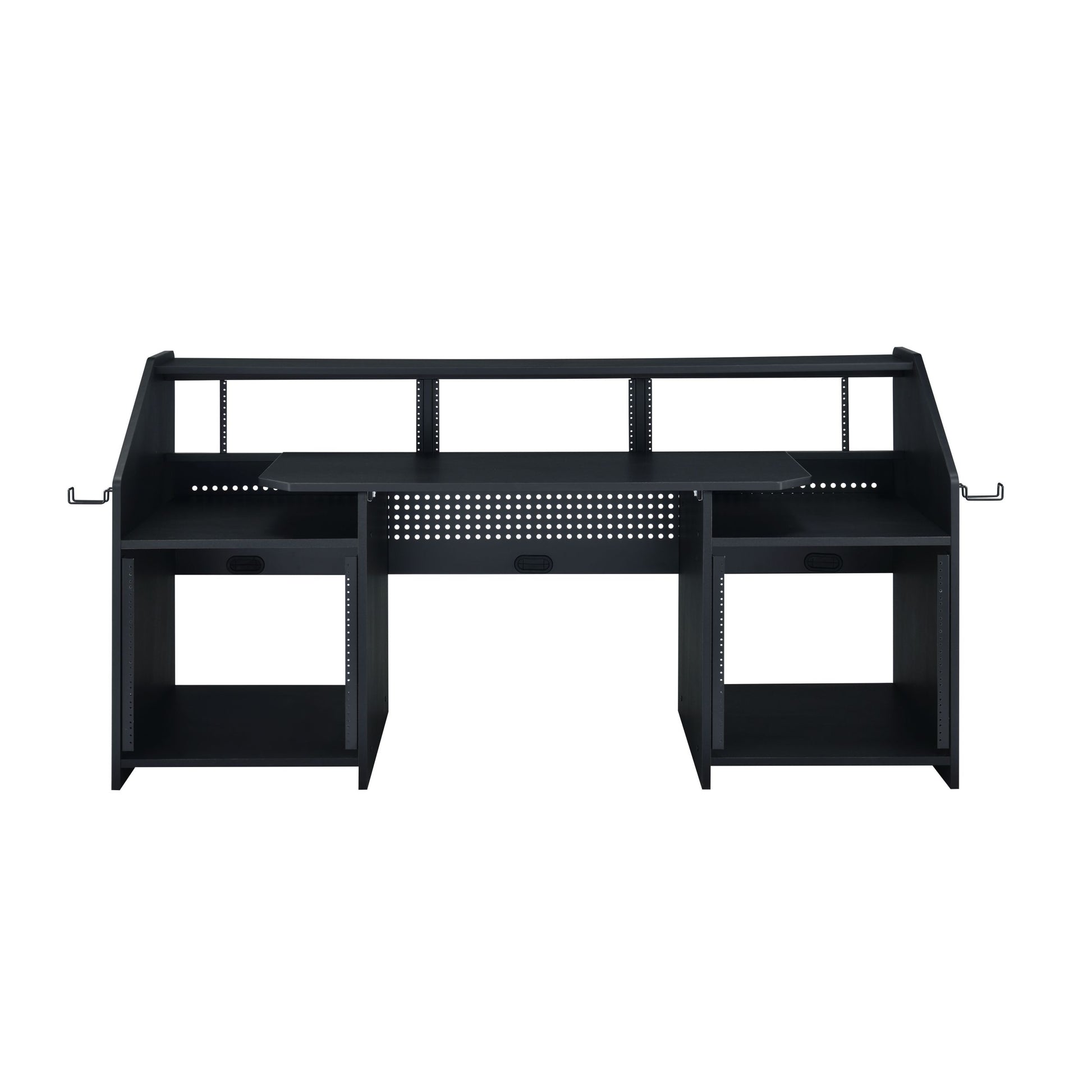 Black Music Desk With Earphone Rack Black Keyboard Tray Computer Desk Office Freestanding Rectangular Shelves Wood Metal Sled