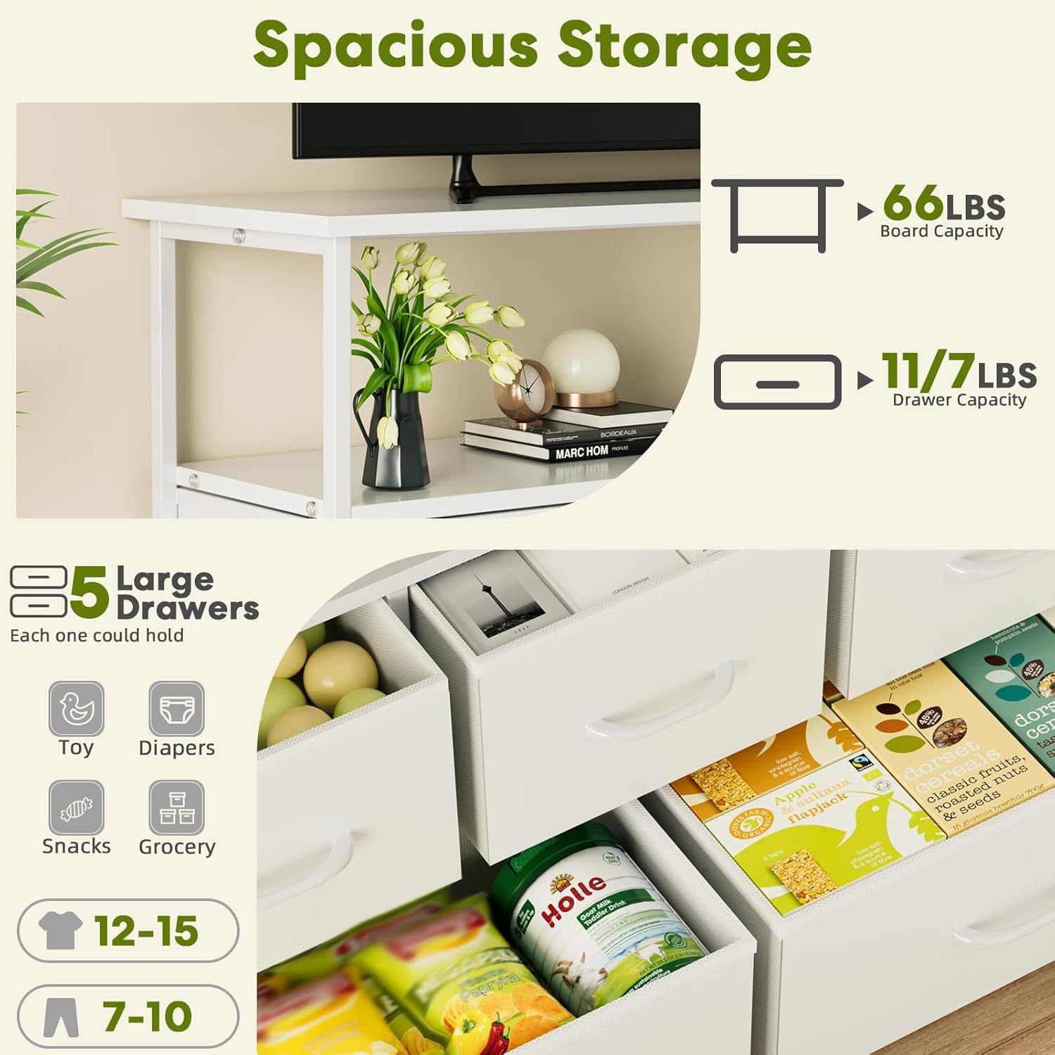 Tv Stand Dresser For Bedroom Entertainment Center With 5 Fabric Drawers, Storage Organizers Units For Living Room, Media Console Table With Open Shelf Up For 45" Tv, White, Wood Top White Wood