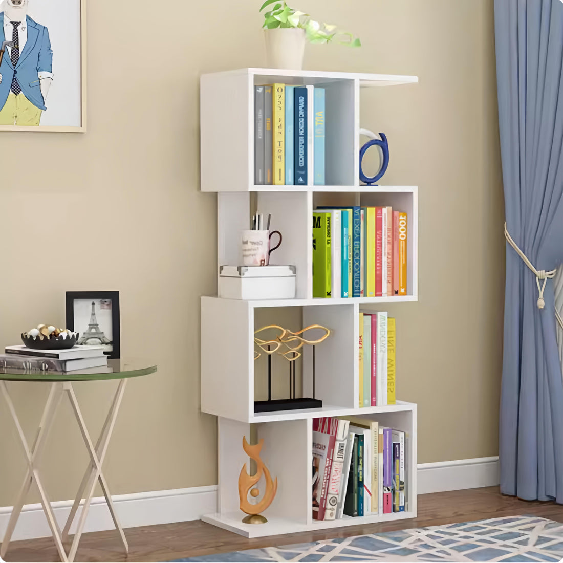 Dfw 4 Tier Storage Shelf S Shaped Bookcase, Multifunctional Wooden Display Decor Furniture, Free Standing Industrial Storage Rack For Living Room Bedroom Office, Modern 4 Shelf Bookcase 1 White 4