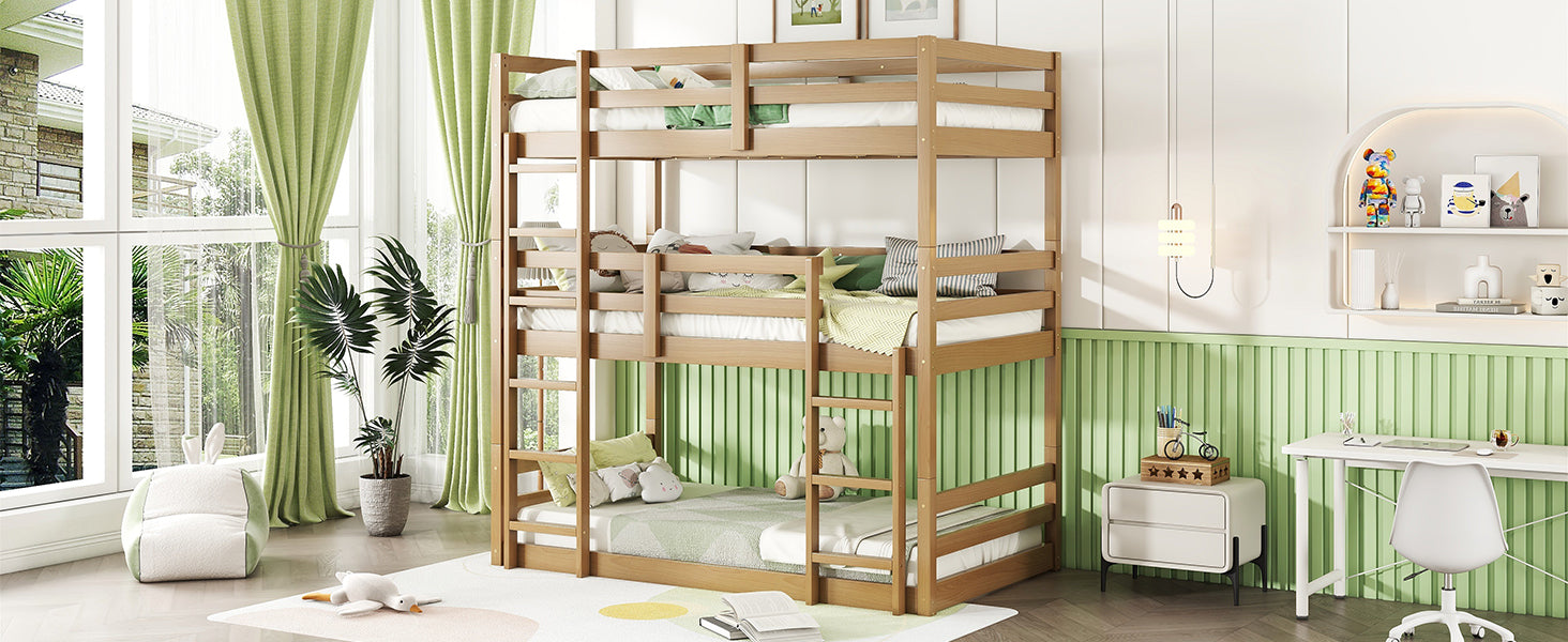 Triple Rubber Wood Bunk Bed With Two Built In Ladders, Guardrails, Twin Over Twin Over Twin, Detachable Triple Twin Bunk Bed,White Oak Twin White Oak Bedroom American Design Bed Frame Rubber Wood