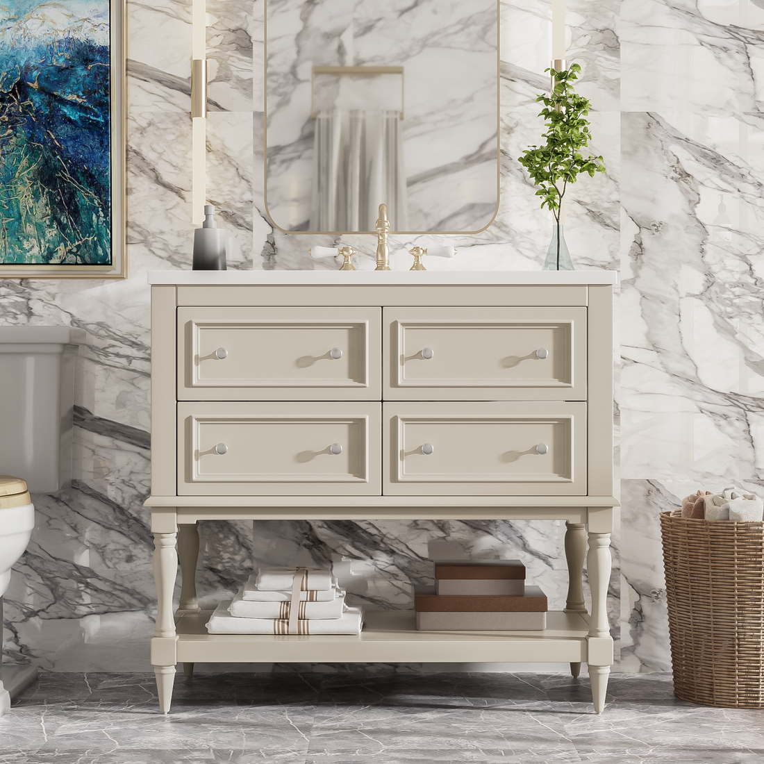 36" Bathroom Vanity Cabinet With Sink Combo Set, Undermount Resin Sink, Free Standing Vanity Set With 4 Drawers, Solid Wood Frame Bathroom Cabinet, Beige 4 Beige 1 Adjustable Hinges Bathroom Freestanding Solid Wood Mdf Resin Painted