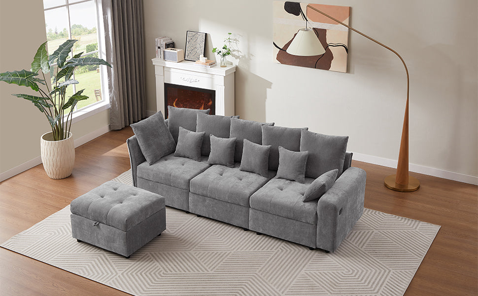 96.45"Sectional Sofa Modular Sofa Couch With Three Usb Ports, A Removable Storage Ottoman And Five Back Pillows For Living Room, Grey Grey Foam Chenille 4 Seat