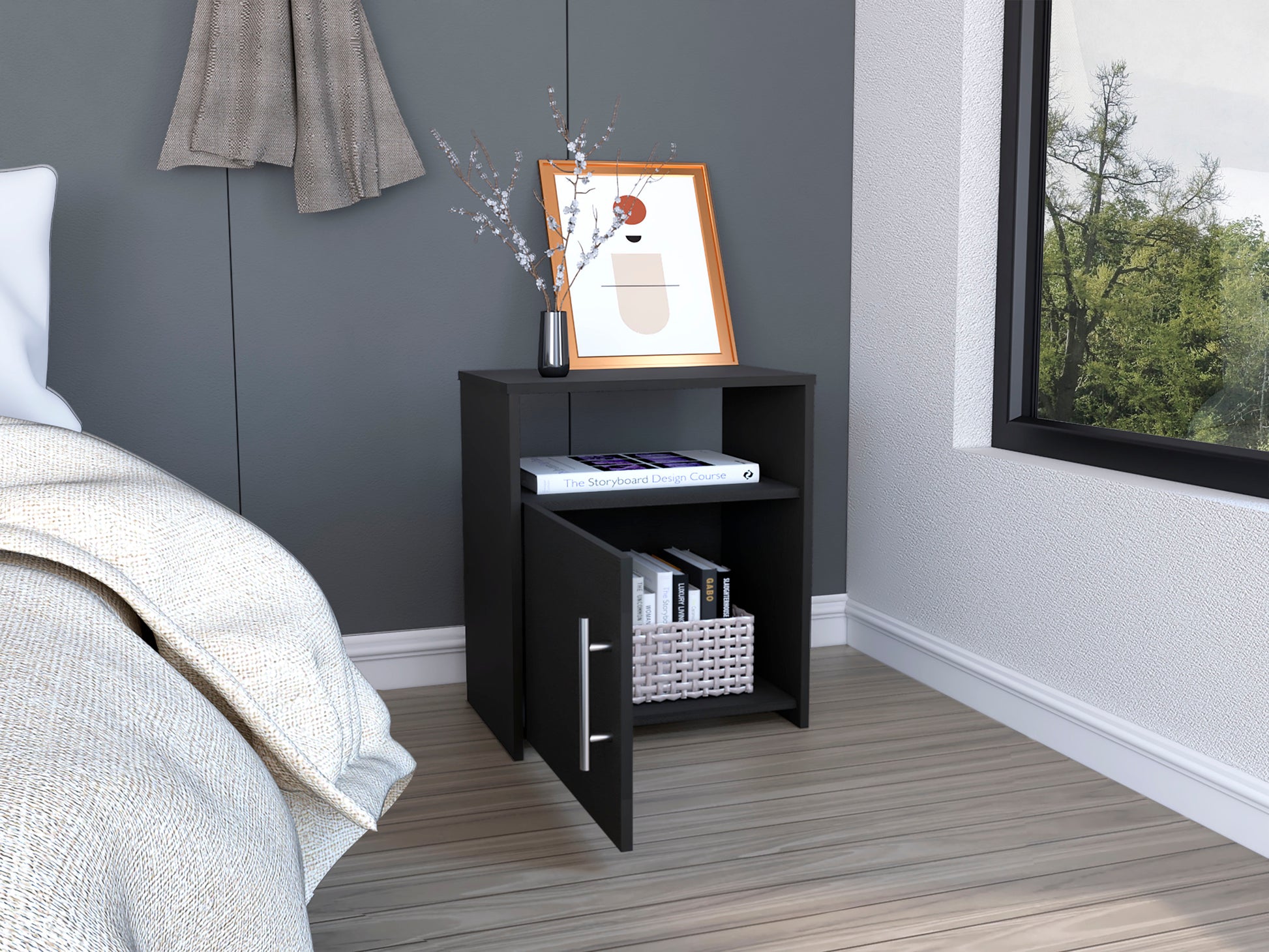 Nightstand Cuarzz, One Cabinet, Black Wengue Finish Black Particle Board