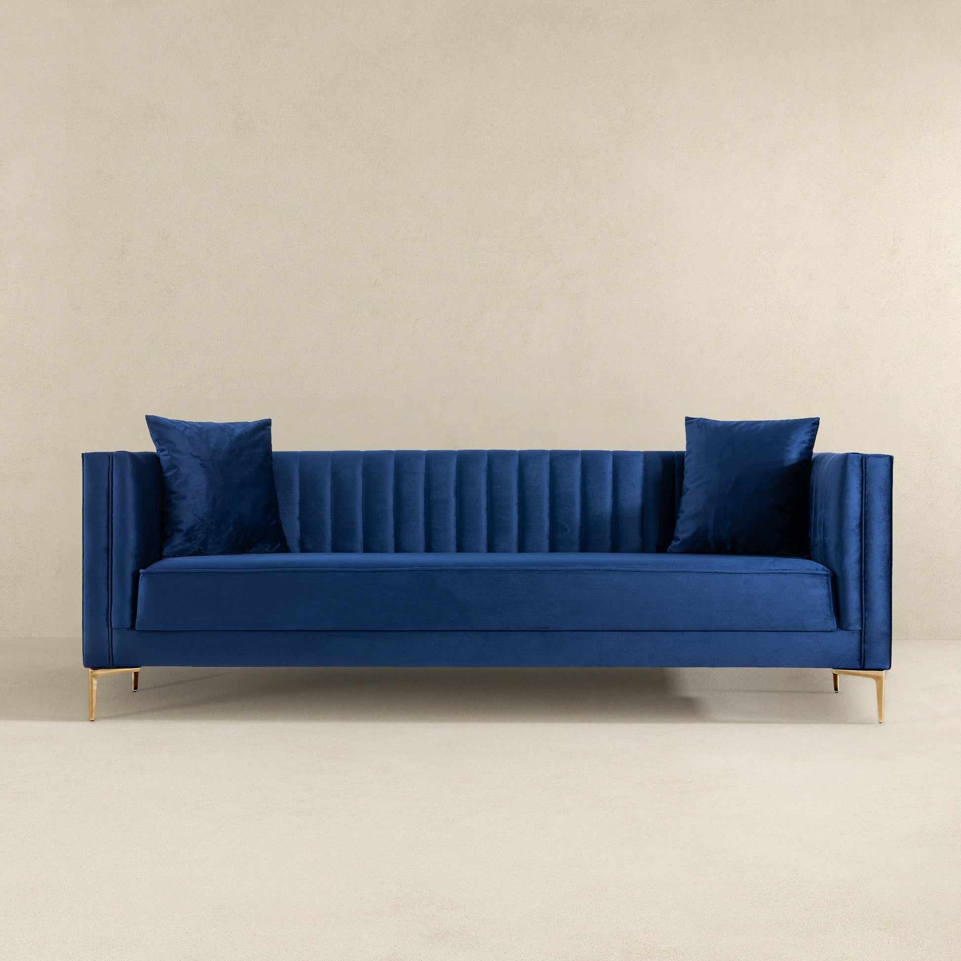 Angelina Sofa 91" Dark Blue Velvet Dark Blue,Gold Velvet Metal Metal,Velvet 4 Seat