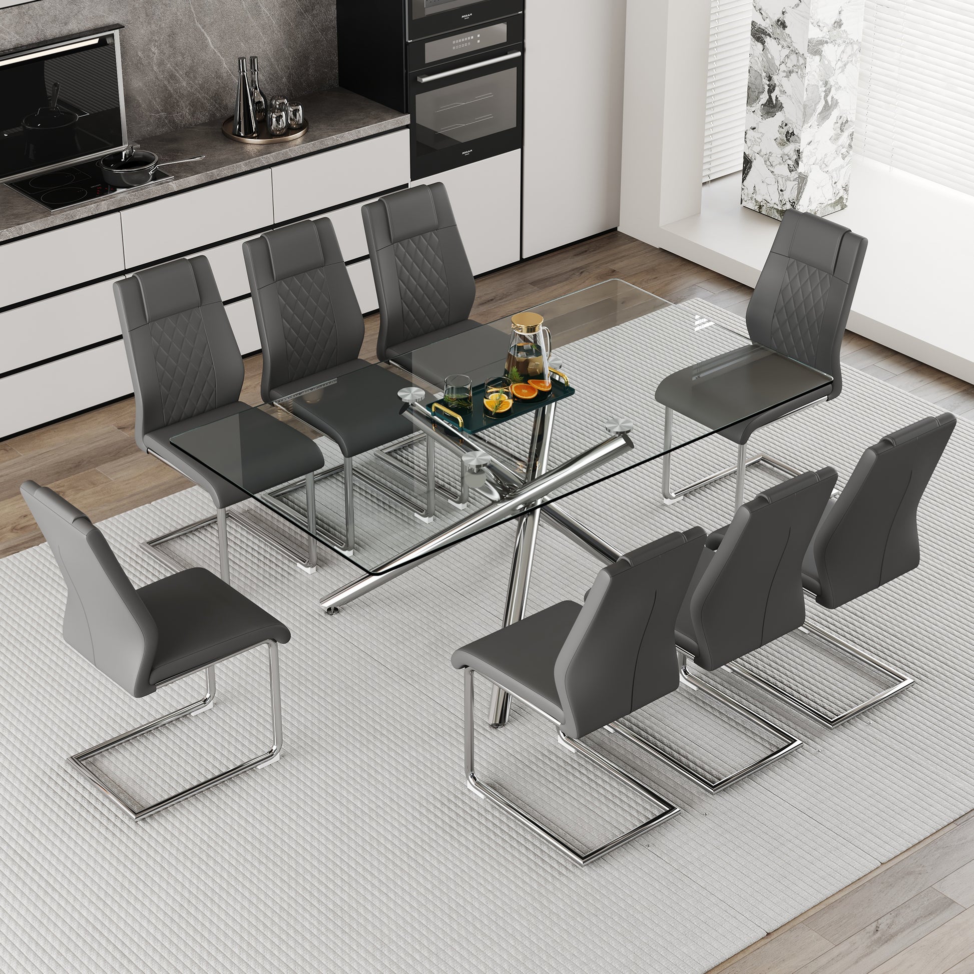 Table And Chair Set.Modern Luxurious Transparent Tempered Glass Dining Table Set With 8 Chairs.Single Fork Silver Metal Table Legs.Dark Gray High Quality Pu Dining Chairs With Silver Metal Legs.