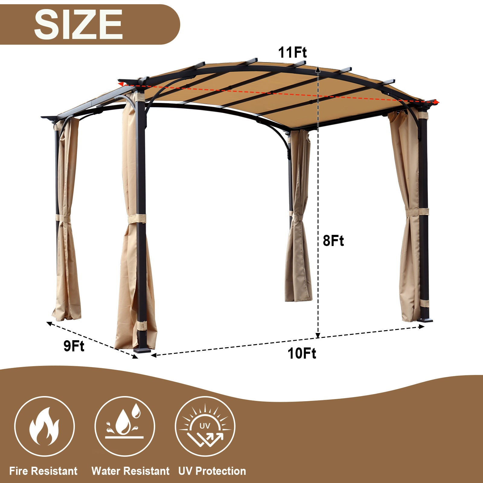 Patio Pergola 9 X 11Ft Arched Gazebo With Waterproof Sun Shade Shelter Awning Steel Frame Grape Gazebo For Garden Backyard Khaki Steel