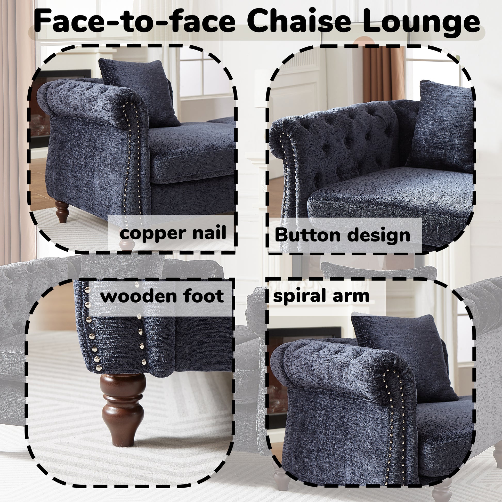 81 Inch Chenille Face To Face Chaise Lounge With Two Pillows,Nailhead Trim,Button Tufted Design And Rolled Arms For Lounge, Living Room And Office Blue Chenille 1 Seat