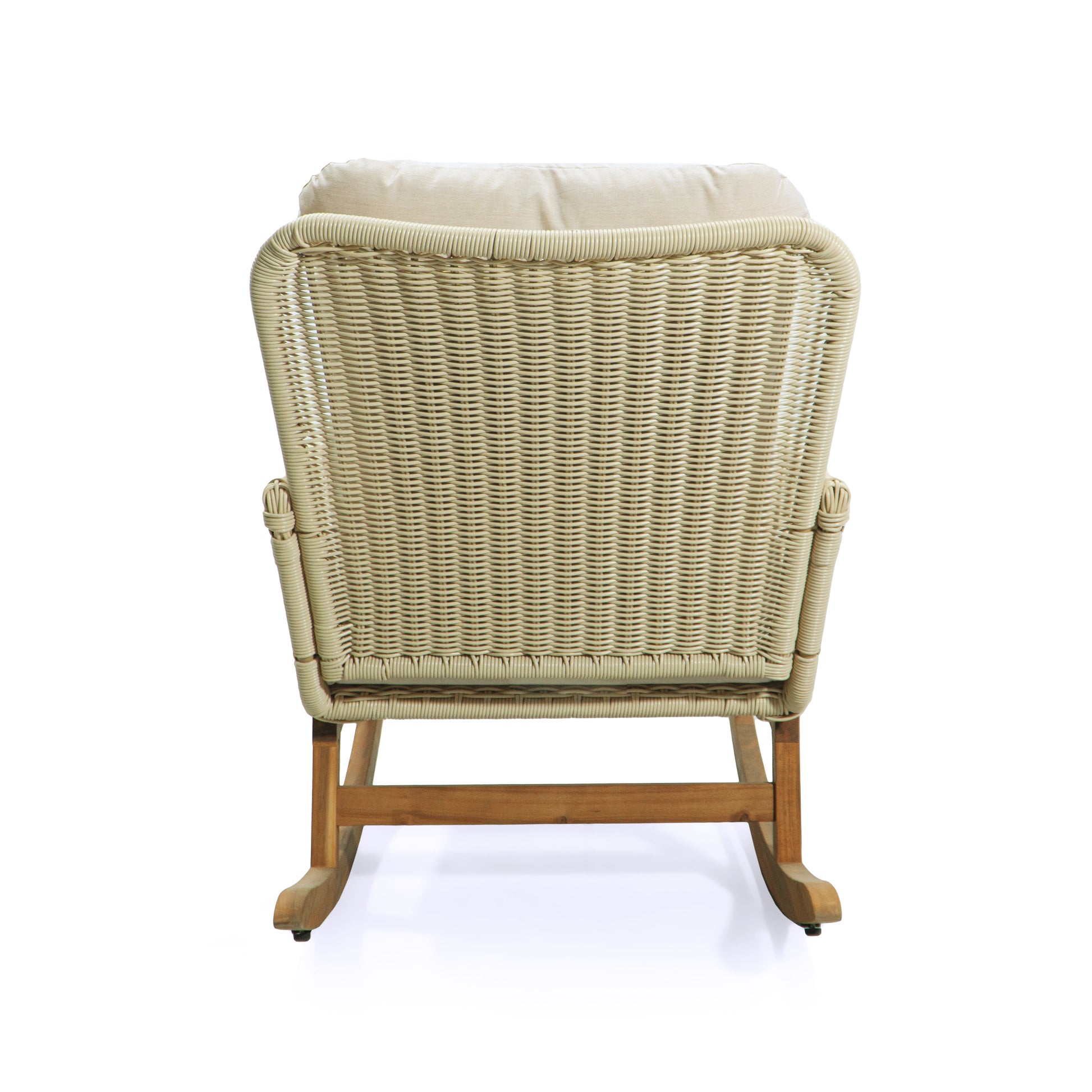Contemporary Minimalist Ivory Wicker Rocking Chair With Soft Polyester Cushions And Durable Wooden Frame, Perfect For Indoor And Outdoor Spaces Like Patio, Balcony, Or Living Room Ivory Pe Rattan