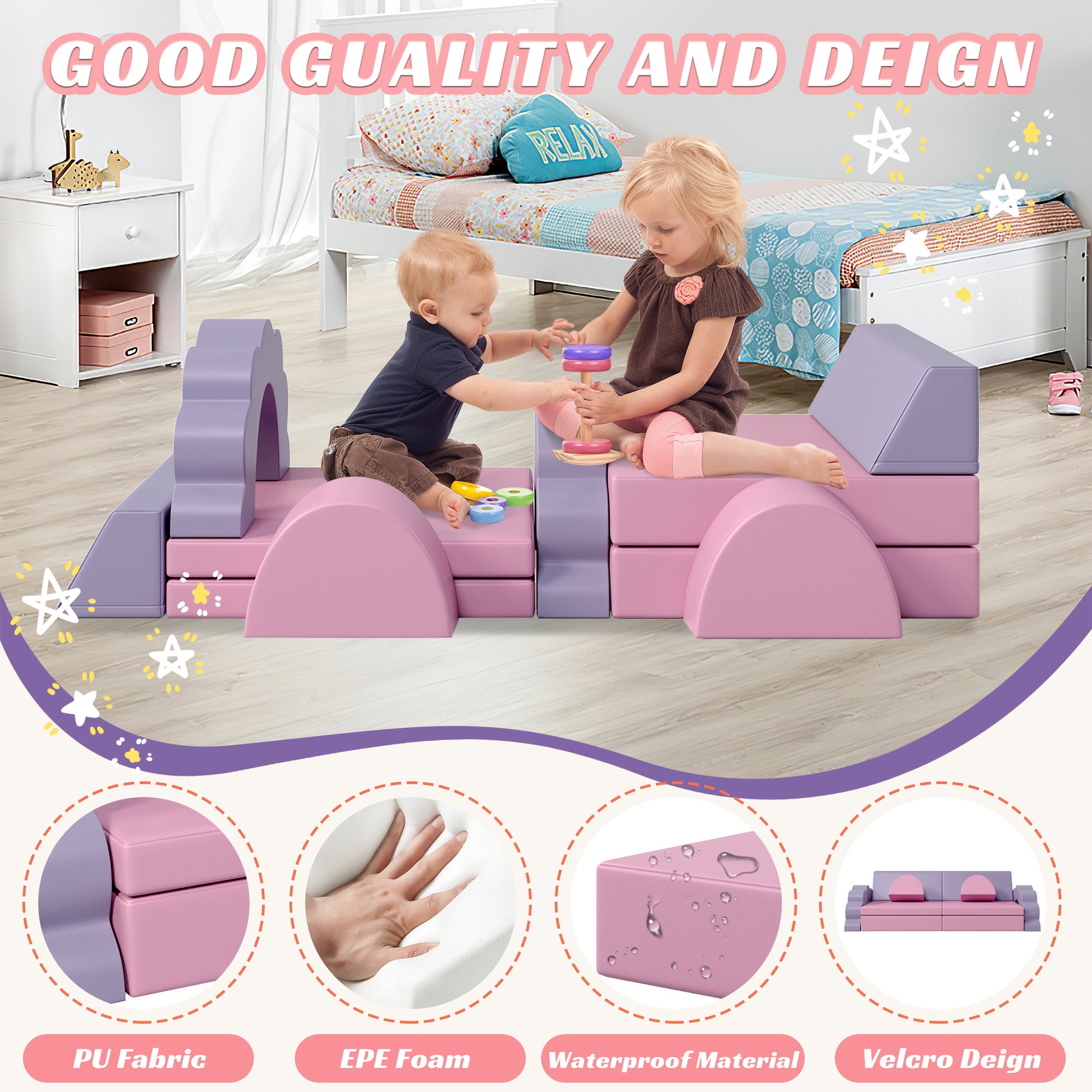 10Pcs Kids Couch For Playroom, Baby Climbing And Crawl Foam Play Set, Foam Climbing Blocks Convertible Sofa ,Kids Play Couch, Indoor Climbing Structure For Toddlers, Infant, Kids, Pre School Pink Foam