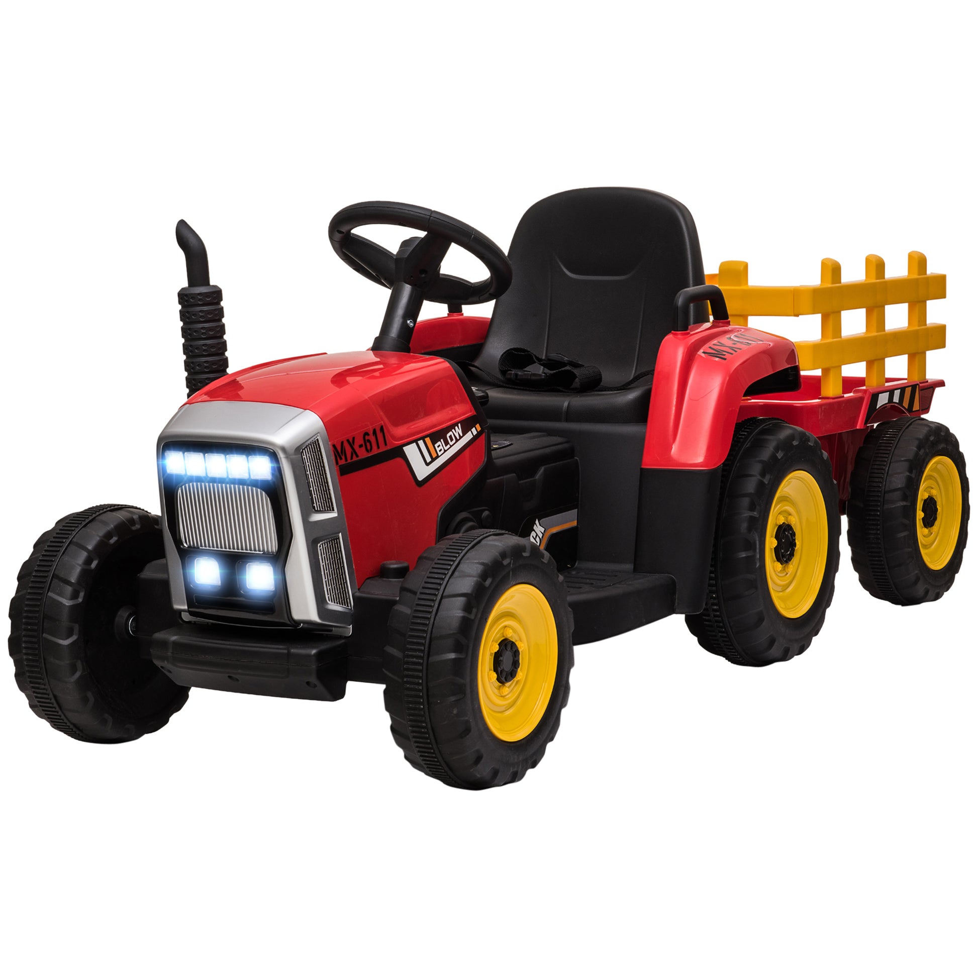 Aosom 12V Ride On Tractor With Trailer, 25W Dual Motors, Battery Powered Electric Tractor With Remote Control, Music Startup Sound And Horn, Led Lights, Red Red Plastic