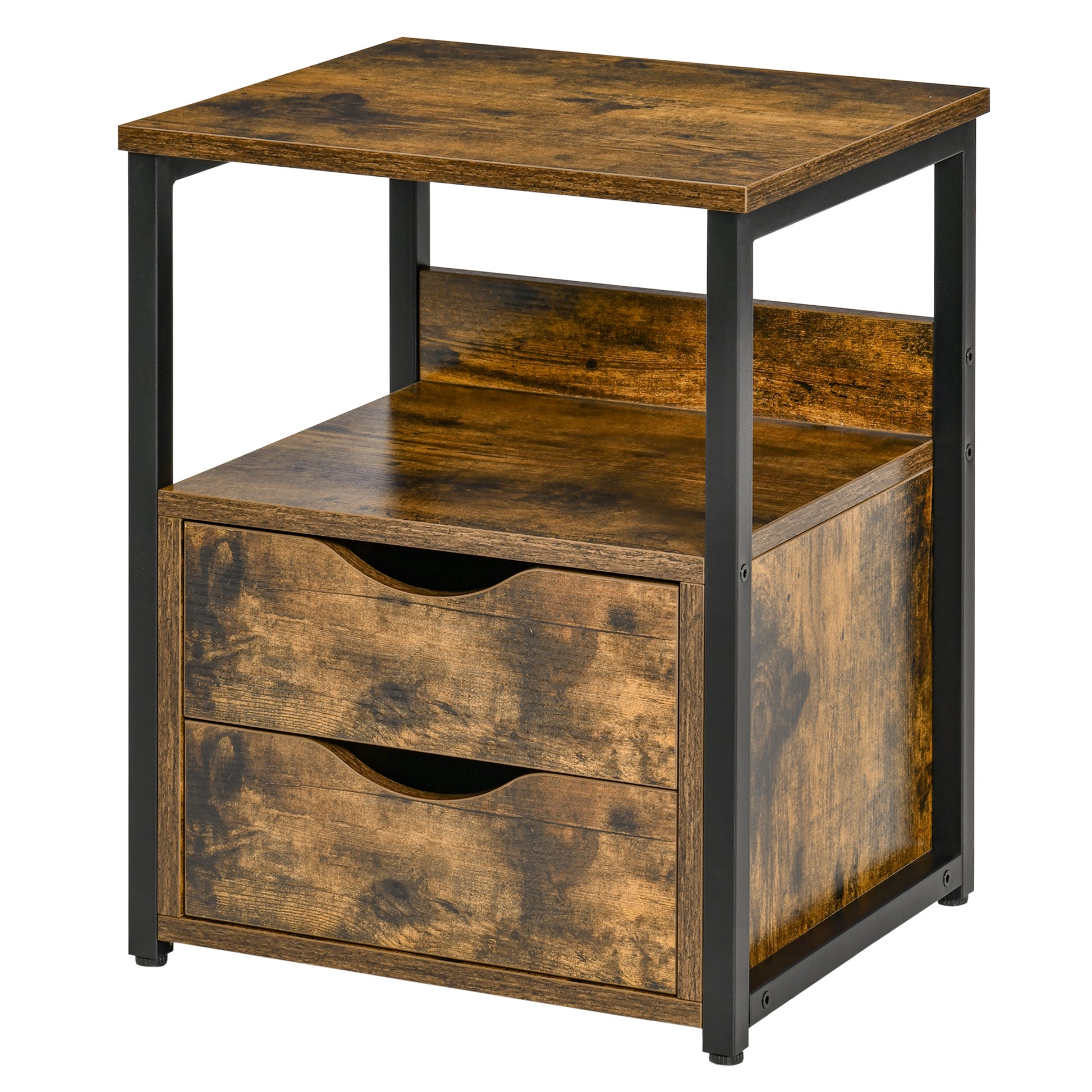 Homcom Industrial Side Table With 2 Drawers, Small End Table With Storage Shelf, Accent Sofa Table With Groove Handle And Metal Frame For Living Room, Brown Rustic Brown Particle Board