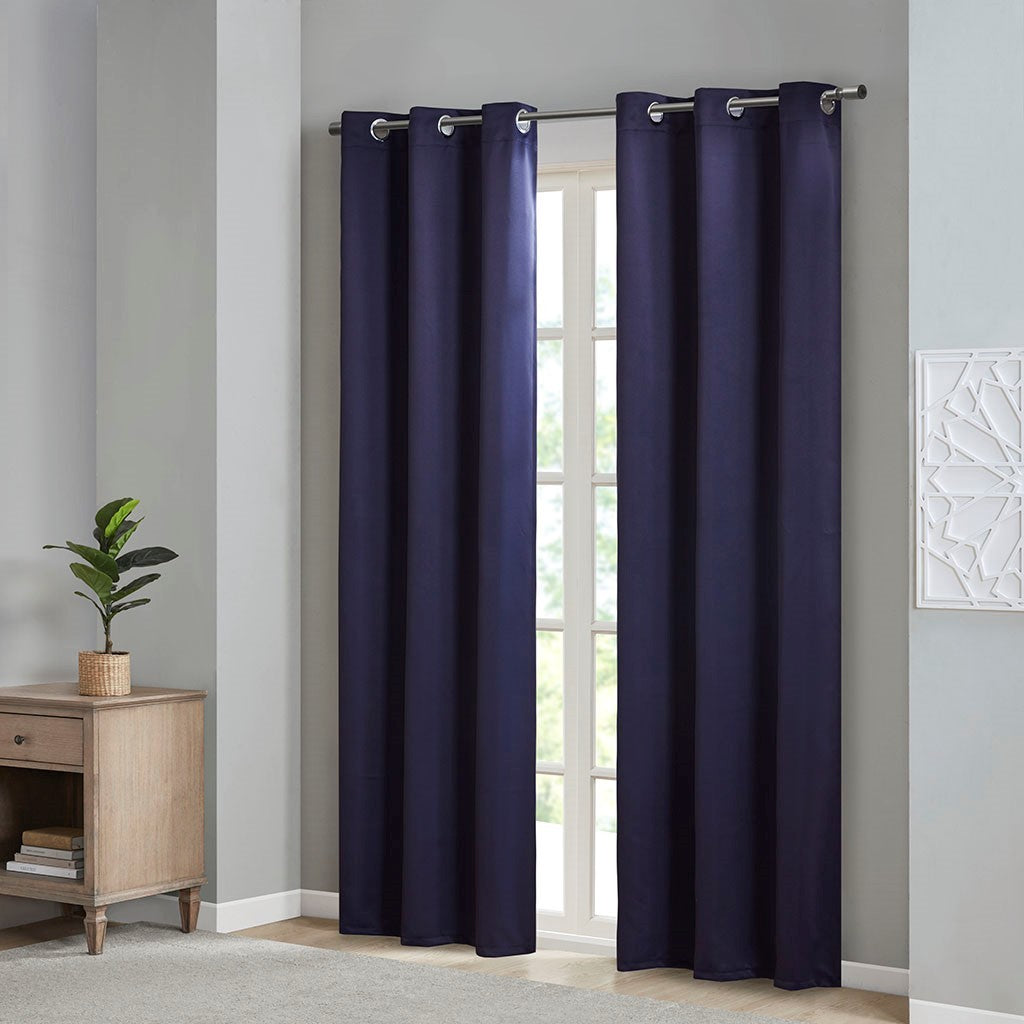 Solid Blackout Triple Weave Grommet Top Curtain Panel Pair Navy Polyester