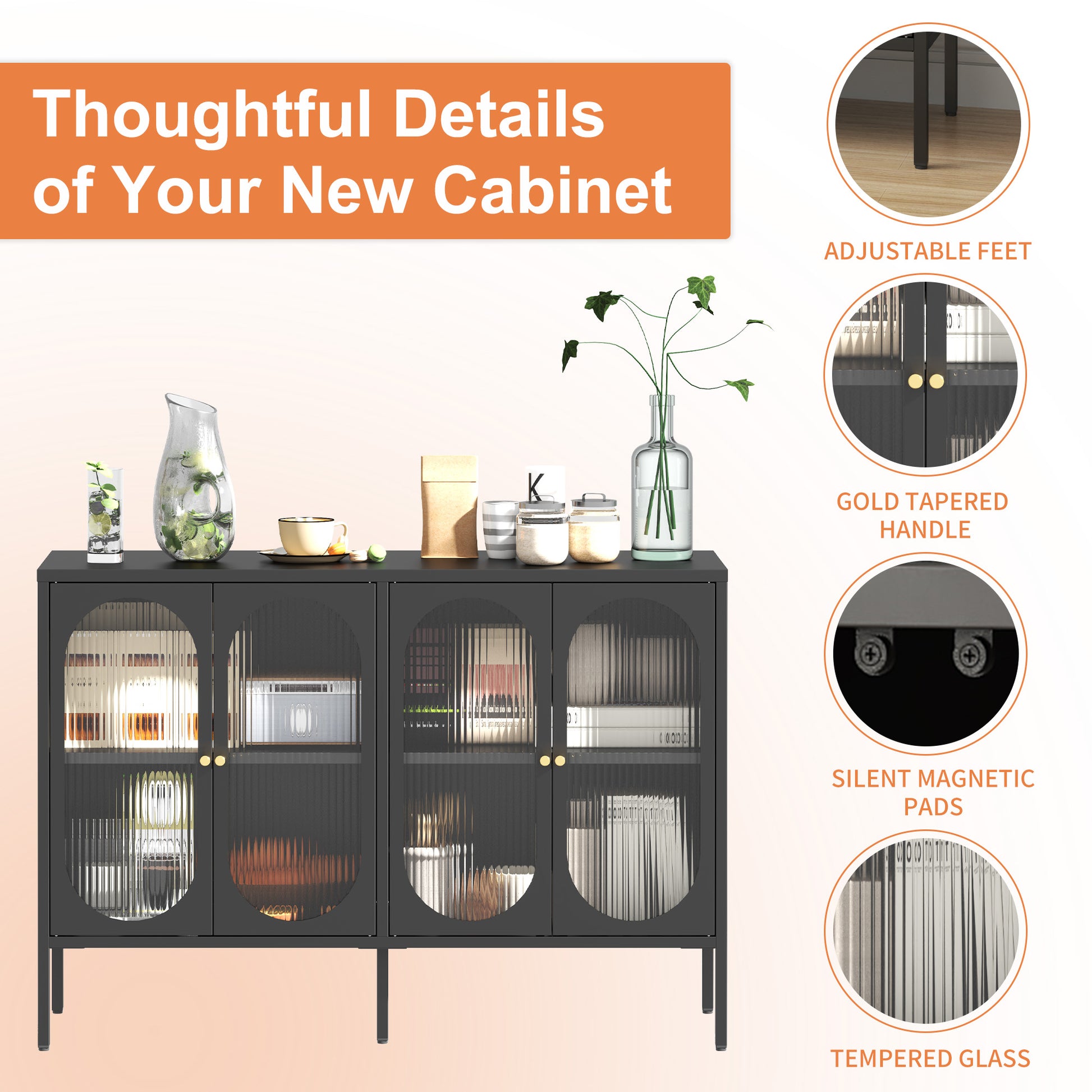 Metal Sideboard Cabinet With 4 Glass Door, Steel Locker Sideboard Buffet Cabinet, Sideboard Buffet Cabinet With 4 Doors, Kitchen Storage Cabinet, Coffee Bar Cabinet For Kitchen, Living Room, Black