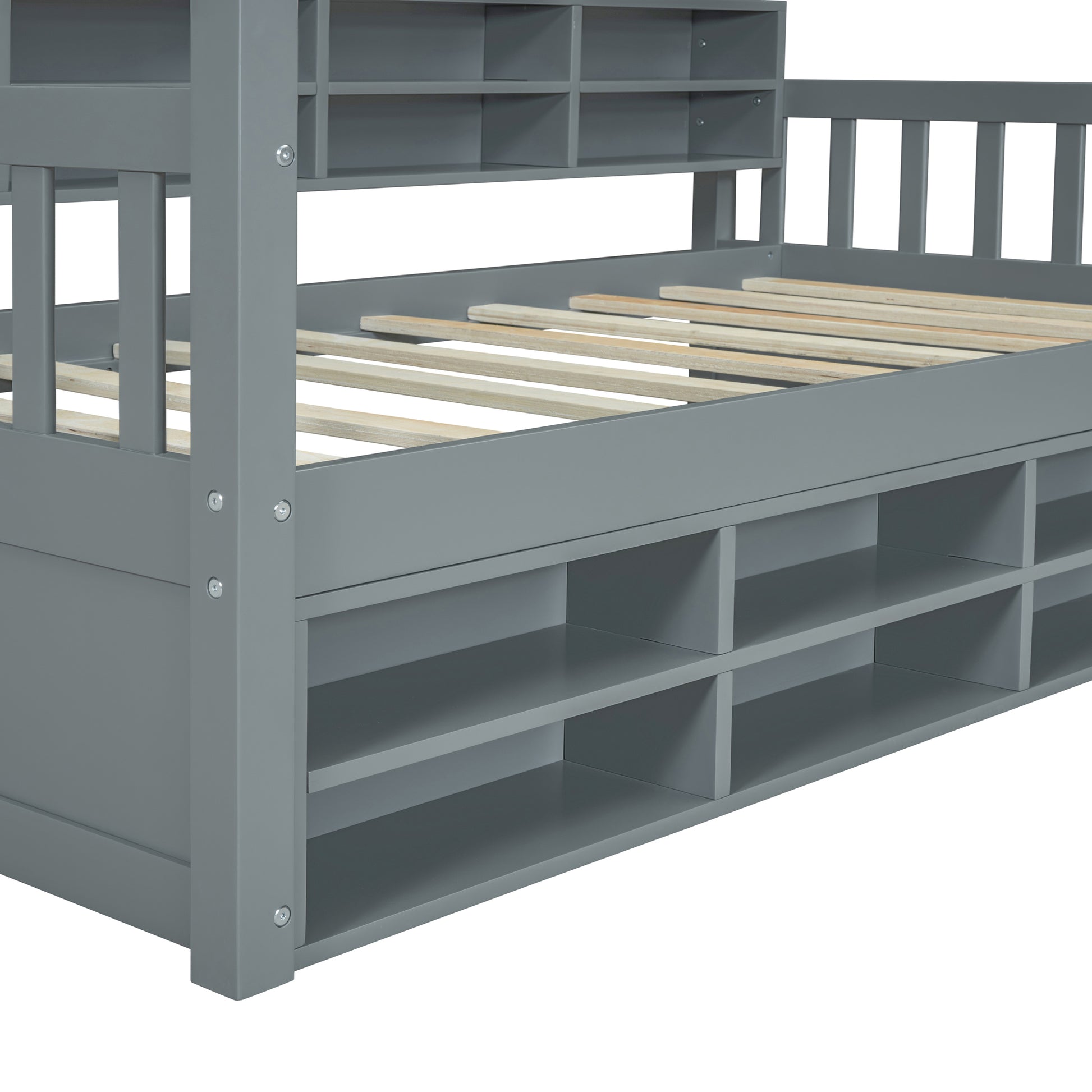 Twin Size Wooden House Bed With Shelves And A Mini Cabinet, Gray Twin Box Spring Not Required Gray Wood Bedroom Pine Bed Frame Wood