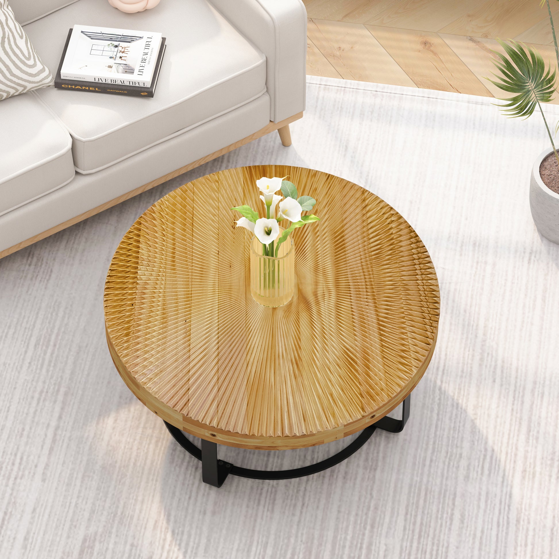 Modern Round Coffee Table Wooden Carving Pattern Coffee Table With Metal Legs For Living Room Reception Room Office ,Black Natural Black Pine