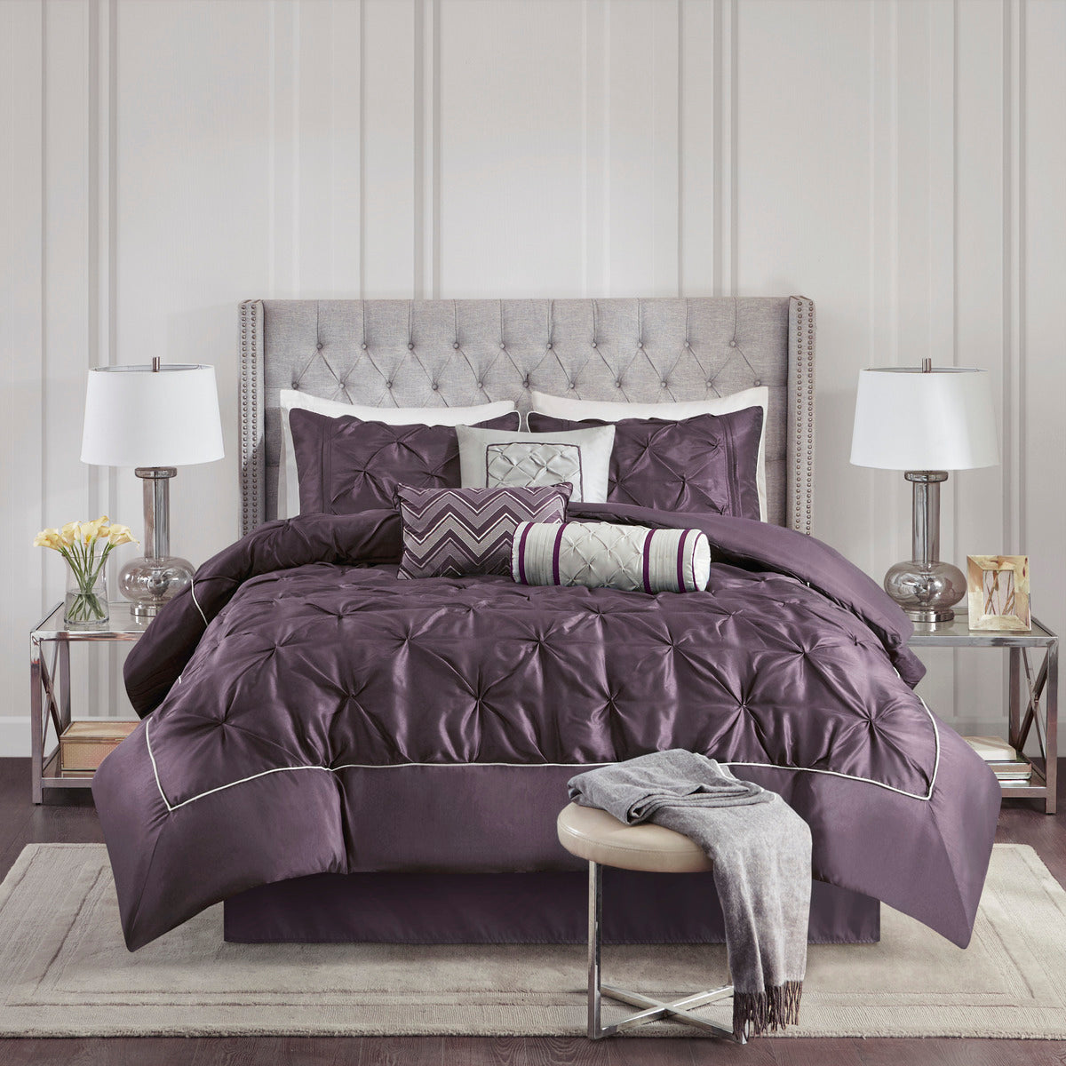 7 Piece Tufted Comforter Set Plum Queen Queen Plum Polyester