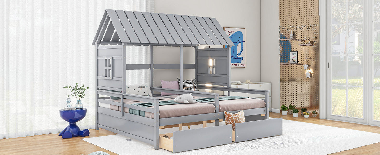 Twin Size House Platform Beds With Two Drawers For Boy And Girl Shared Beds, Combination Of 2 Side By Side Twin Size Beds, Gray Twin Gray Solid Wood Mdf