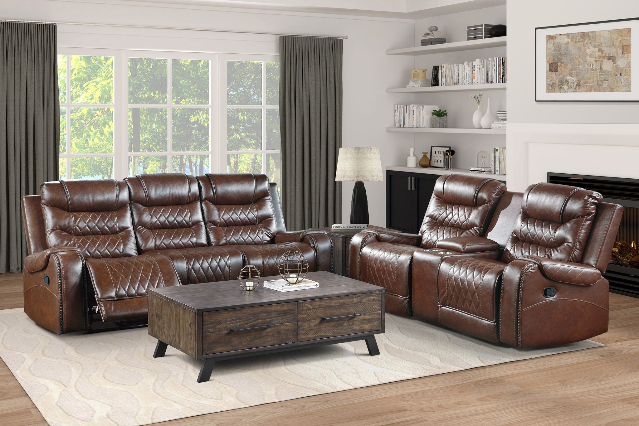 Luxurious Living Room Furniture 2Pc Reclining Sofa Set Brownfaux Leather Upholstery Center Drop Down Cup Holders, Power Outlets, Usb Ports, Diamond Pattern Stitching Brown Faux Leather Wood Primary Living Space Luxury,Modern Solid Wood 5 Seat