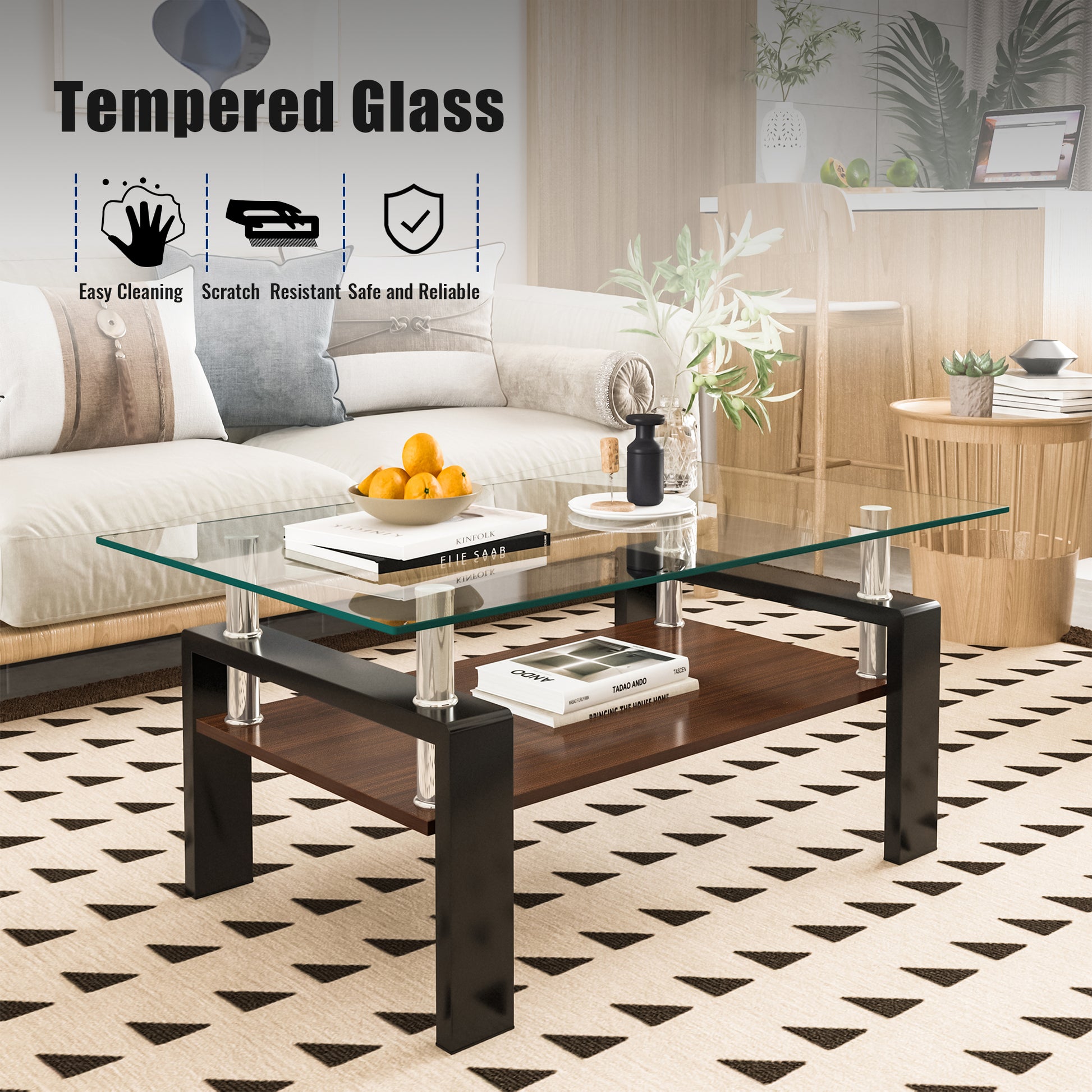 Rectangle Coffee Table, Tempered Glass Tabletop With Mdf Layer, Modern Table For Living Roomtransparent Glass Transparent Tempered Glass