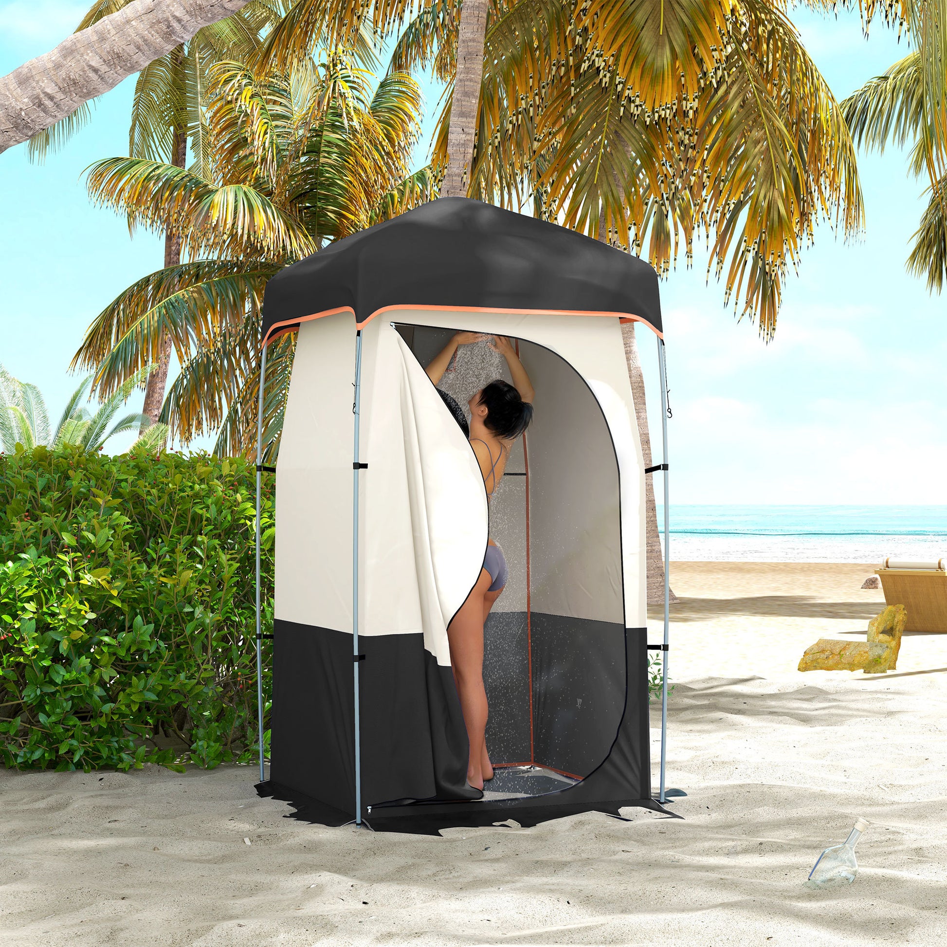 Outsunny Portable Shower Tent, Privacy Shelter, Camping Dressing Changing Tent Room With Solar Shower Bag, Floor And Carrying Bag, Black Black Oxford Fabric