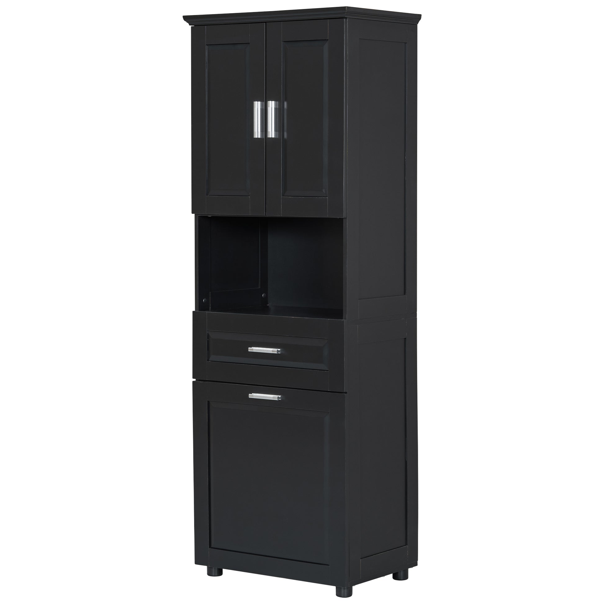 Tall Bathroom Cabinet With Laundry Basket, Large Storage Space Tilt Out Laundry Hamper And Upper Storage Cabinet, Black Black Mdf