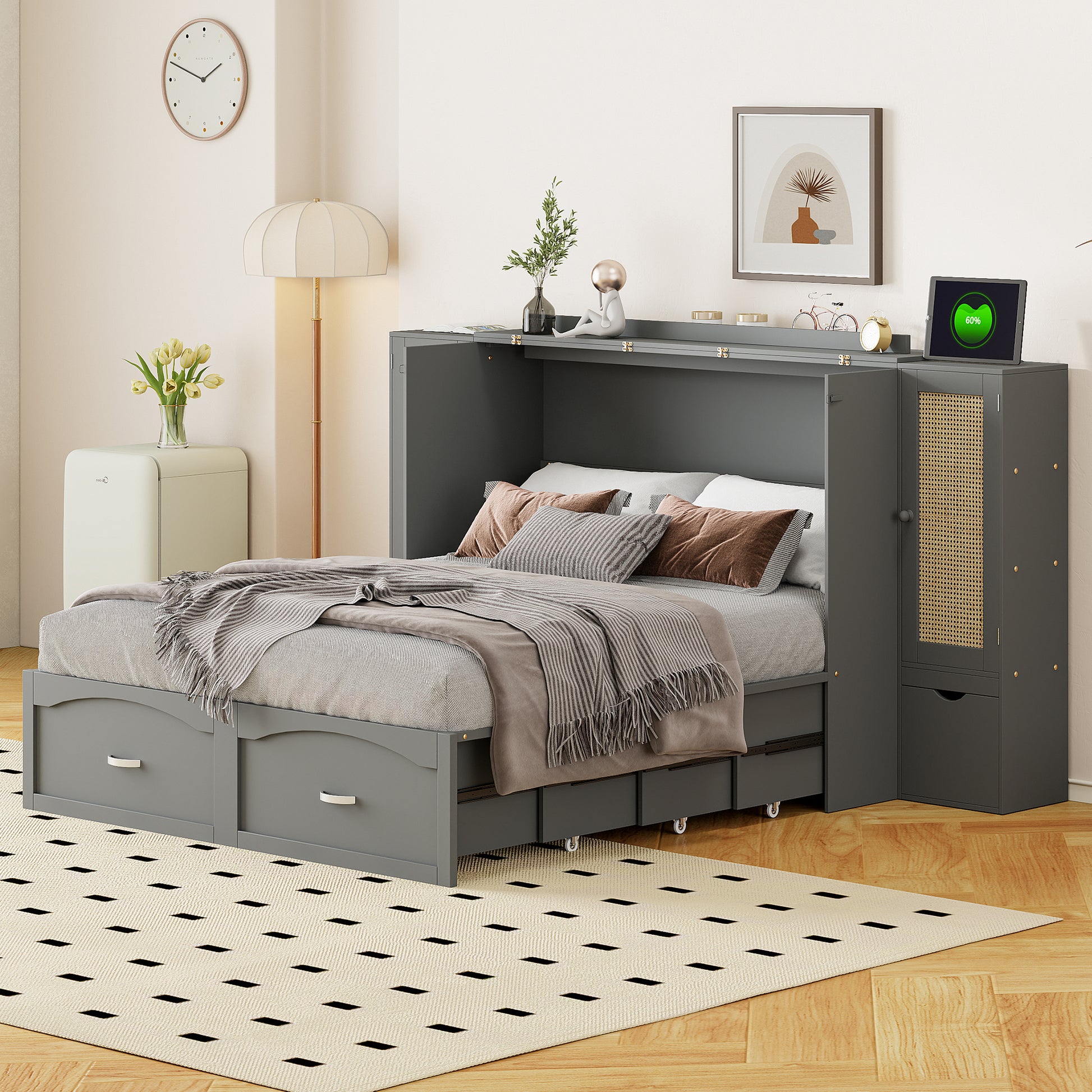 Full Size Murphy Bed Wall Bed With Drawer And Rattan Decoration With 2 Storage Cabinets, One Set Of Sockets & Usb Ports, Pulley Structure Design, Gray Full Gray Plywood