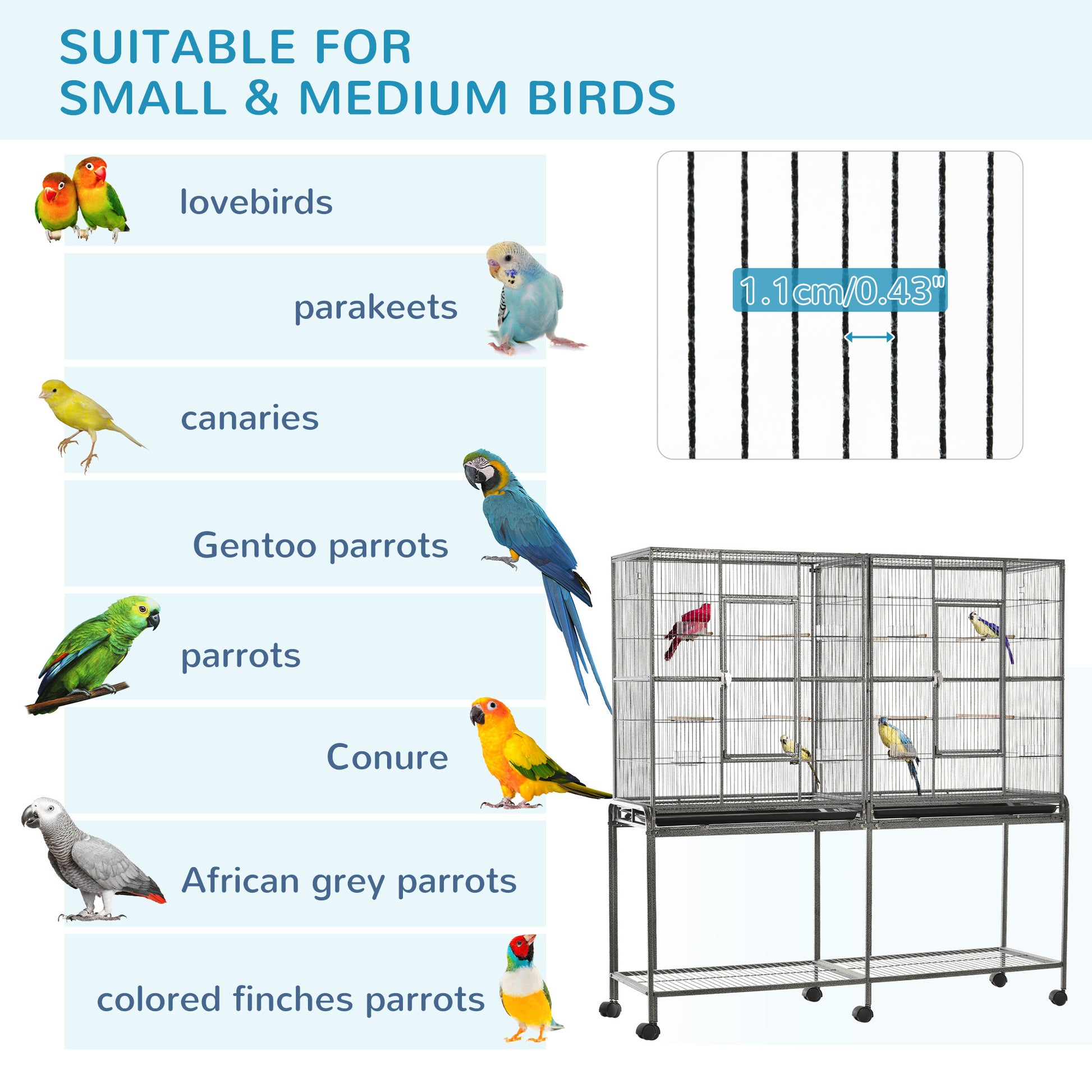 Pawhut 65" Double Rolling Metal Bird Cage Feeder With Detachable Rolling Stand, Storage Shelf, Wood Perch & Food Container Multicolor Wood