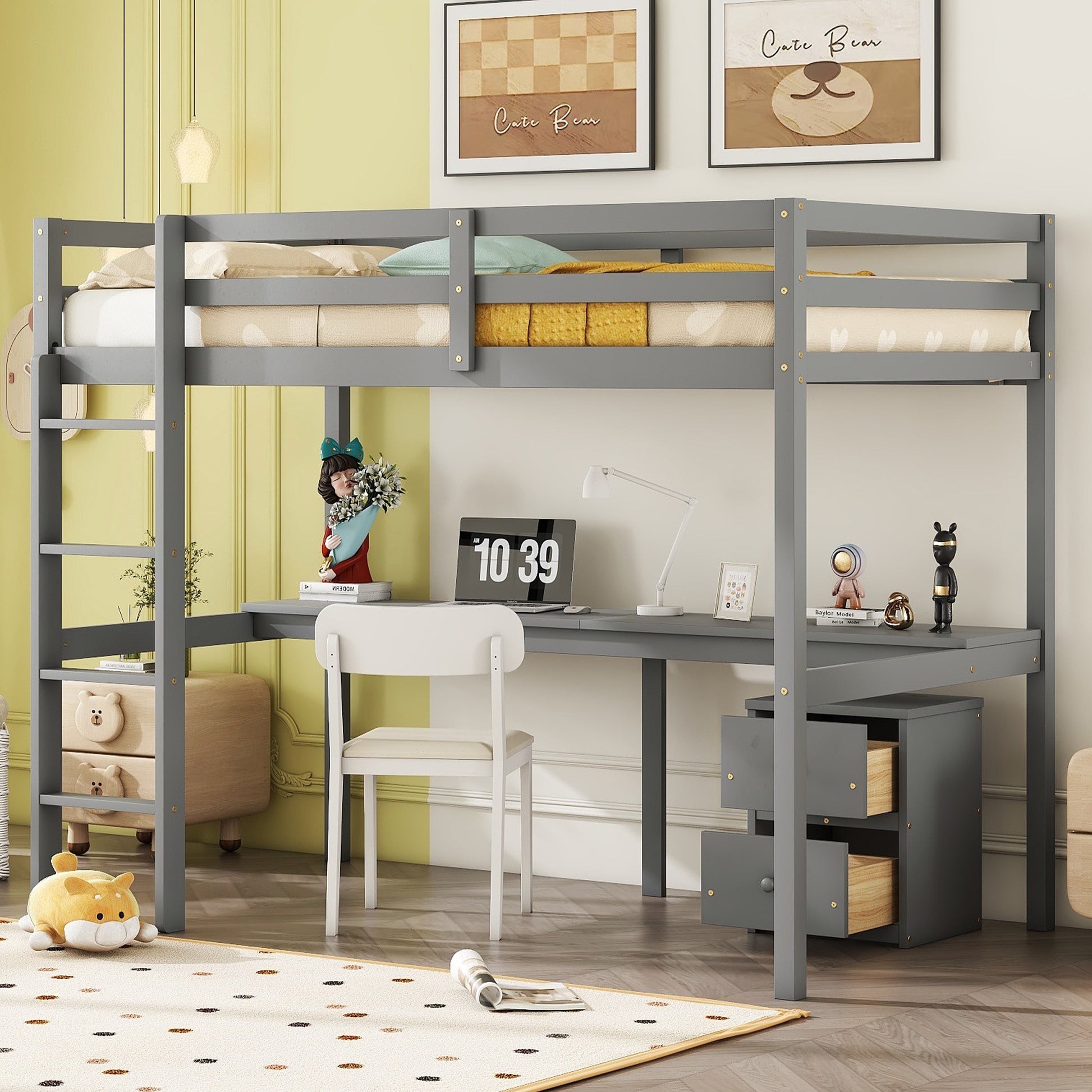 Twin Loft Wood Bed With Under Bed, Built In Desk, A Storage Cabinet Of 2 Drawers, Guardrails, Ladder,Grey Twin Grey Pine