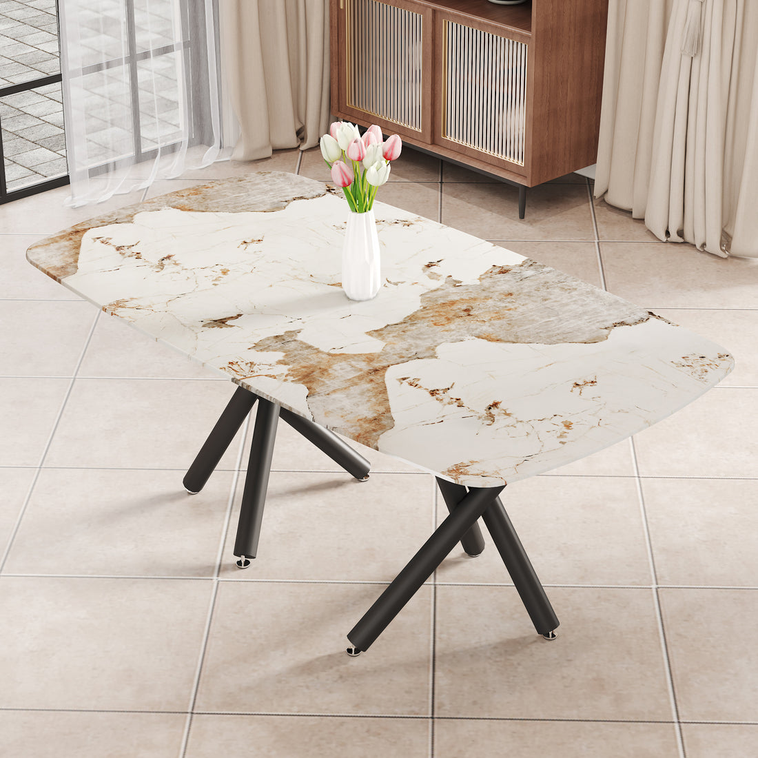 A Modern Minimalist Rectangular Dining Table With A 0.39 Inch Imitation Marble Tabletop And Black Metal Legs, Used In The Kitchen, Dining Room, Living Room, Conference Room, And Banquet Hall, F 1538 Black Glass