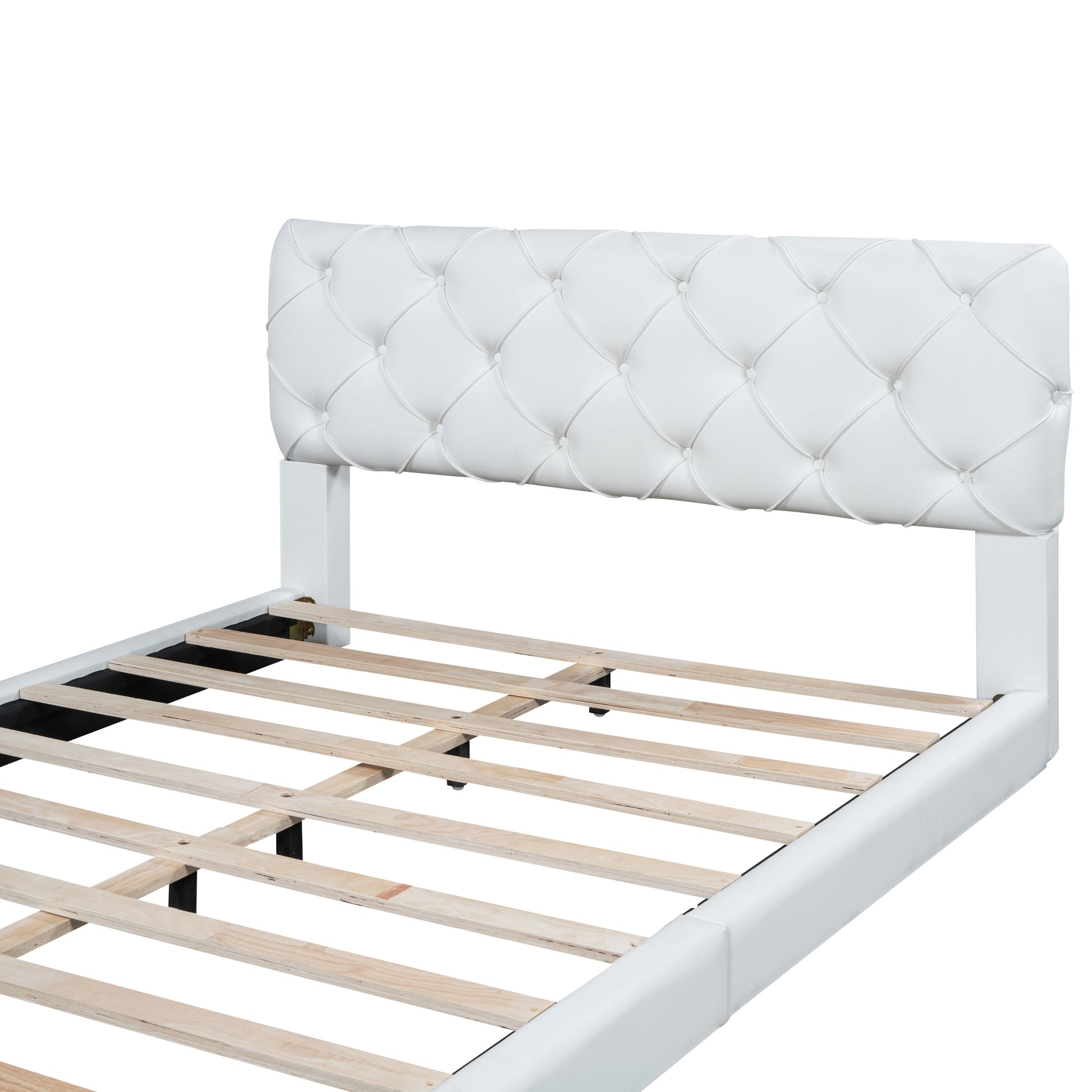 Queen Size Tufted Upholstered Platform Bed, White Box Spring Not Required Queen White Wood Bedroom Bed Frame Faux Leather Upholstered