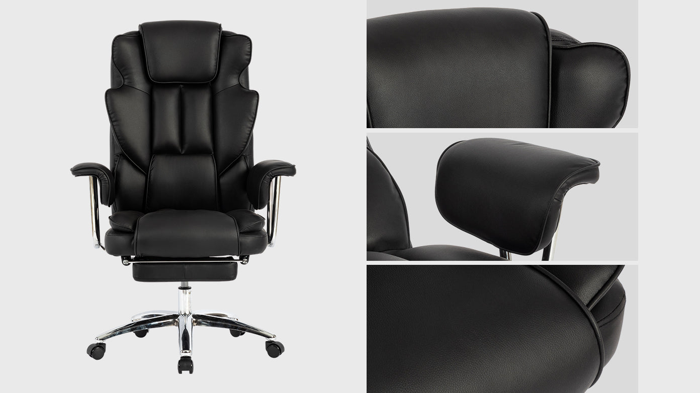 Office Chair, Big And Tall Executive Office Chair With Footrest, Leather Computer Chair, Ergonomic Reclining Chair High Back With Lumbar Support, Large Home Office Chair Black Black Pu Leather