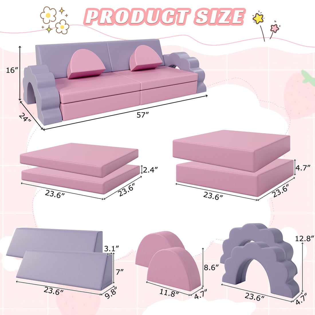 10Pcs Kids Couch For Playroom, Baby Climbing And Crawl Foam Play Set, Foam Climbing Blocks Convertible Sofa ,Kids Play Couch, Indoor Climbing Structure For Toddlers, Infant, Kids, Pre School Pink Foam