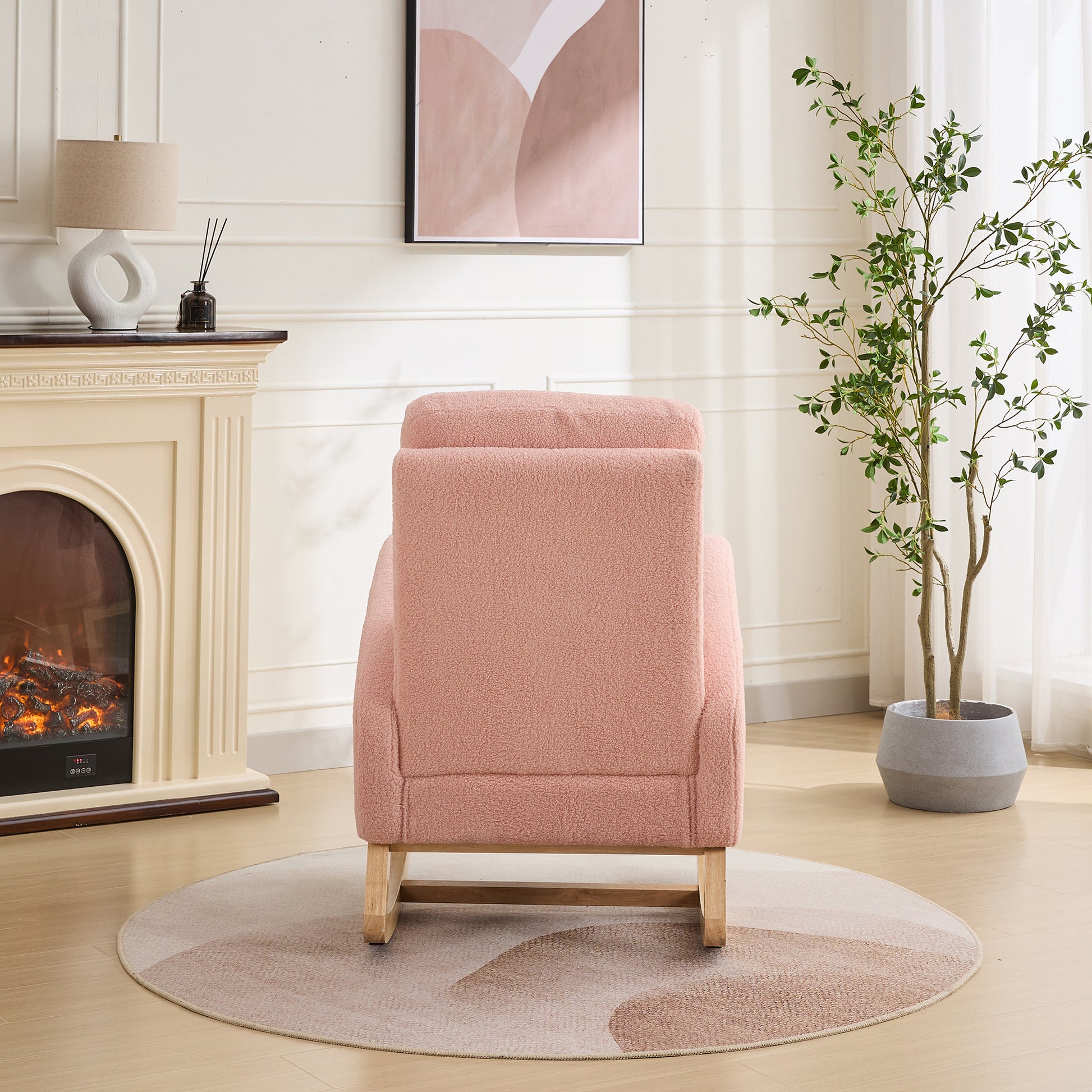 27.2"W Rocking Chair For Nursery, Sherpa Glider Chair With High Back And Side Pocket, Rocking Accent Armchair With Rubber Wood Legs For Living Room Bedroom.Pink Pink Sherpa