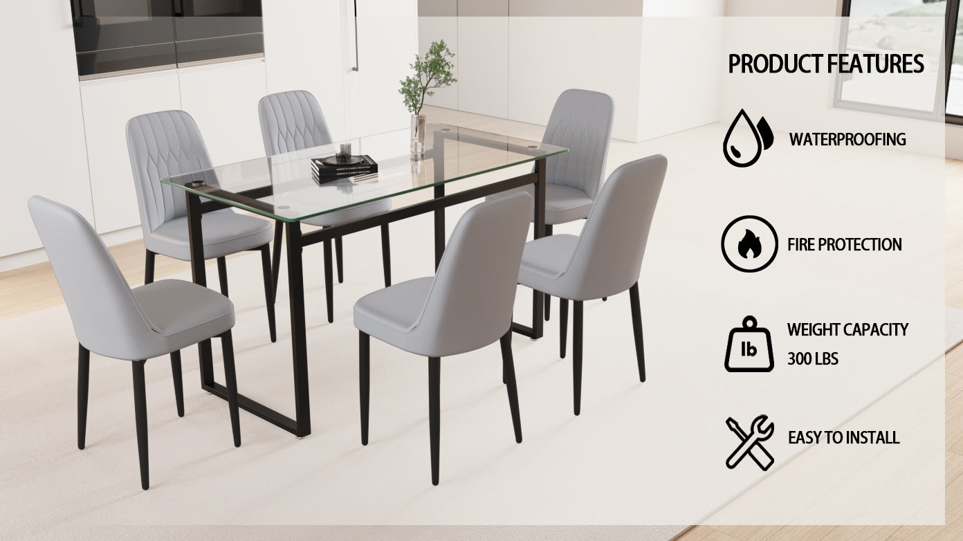 51" 6 Person Glass Dining Table Set, Kitchen Set With Black Metal Leg Dining Table And Chairs, Modern Rectangular Tempered Glass Tabletop And Dining Room Thick Cushioned Pu Dining Chairs Black Gray