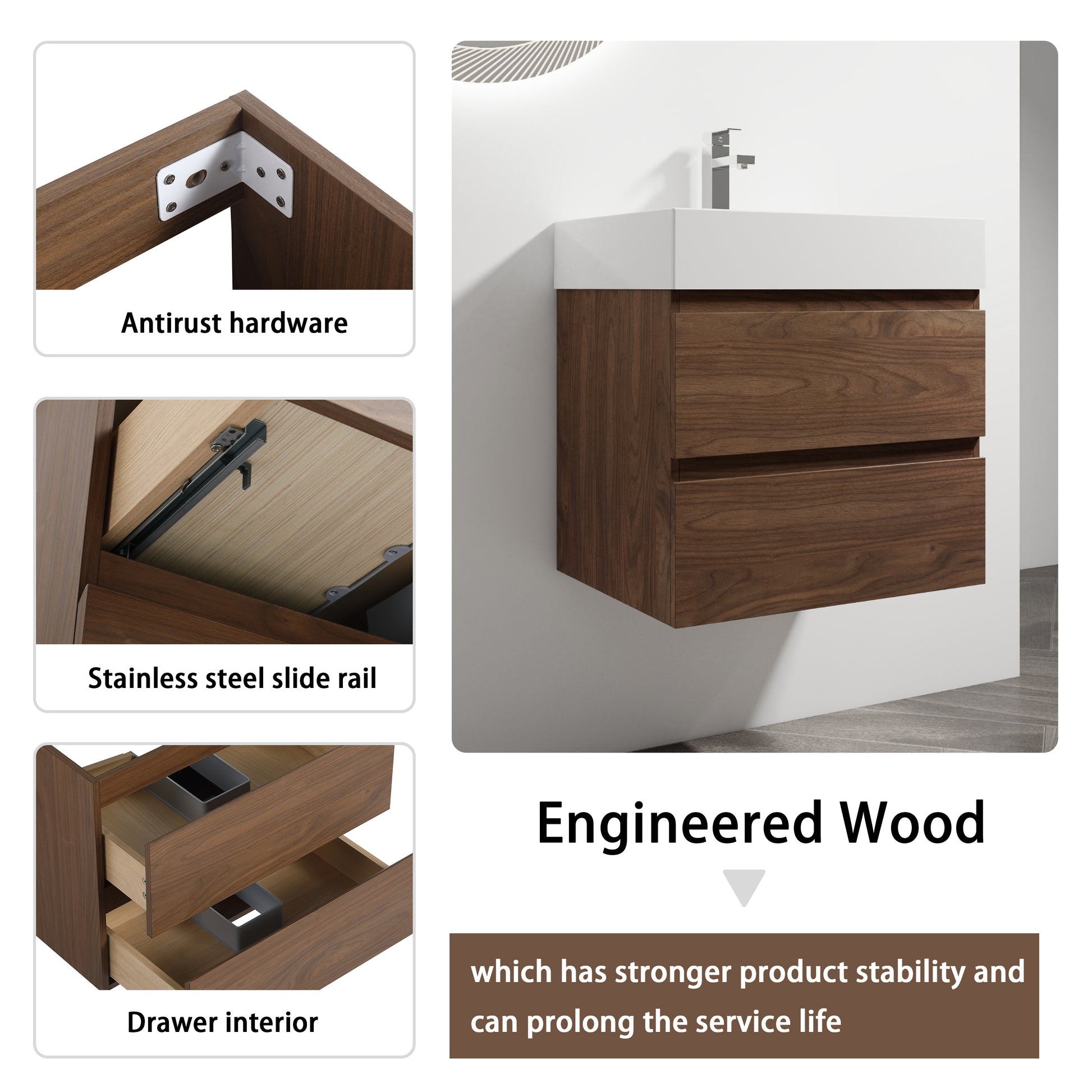 24" Wall Mounted Bathroom Vanity With Resin Sink, 2 Soft Close Drawers, Kd Package 2 Brown Oak Bathroom Wall Mounted Modern Plywood