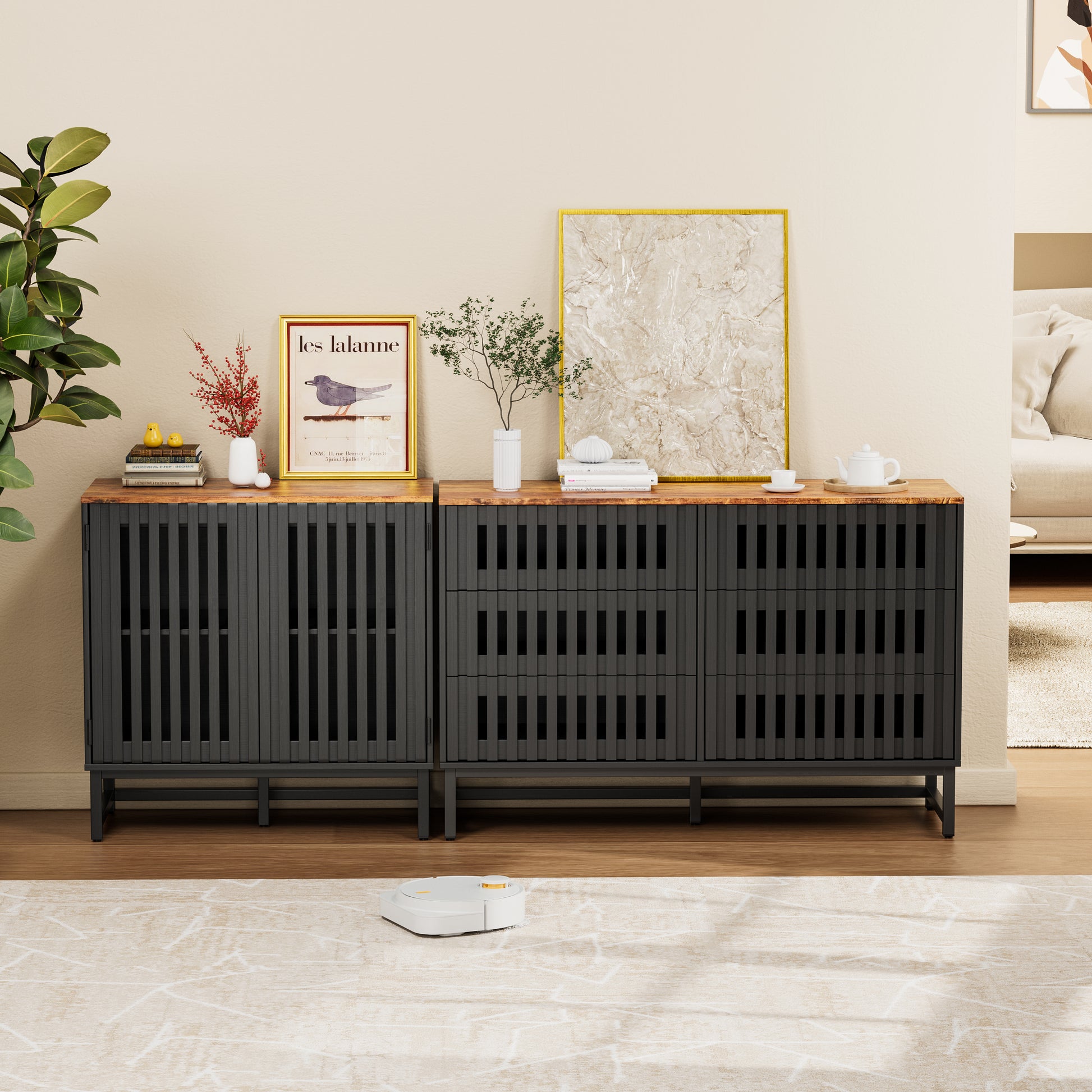 6 Drawer Double Dresser With Slatted Grille Striped Drawer, Modern Style Dresser, High Quality Mdf And Metal Leg Black Brown Mdf