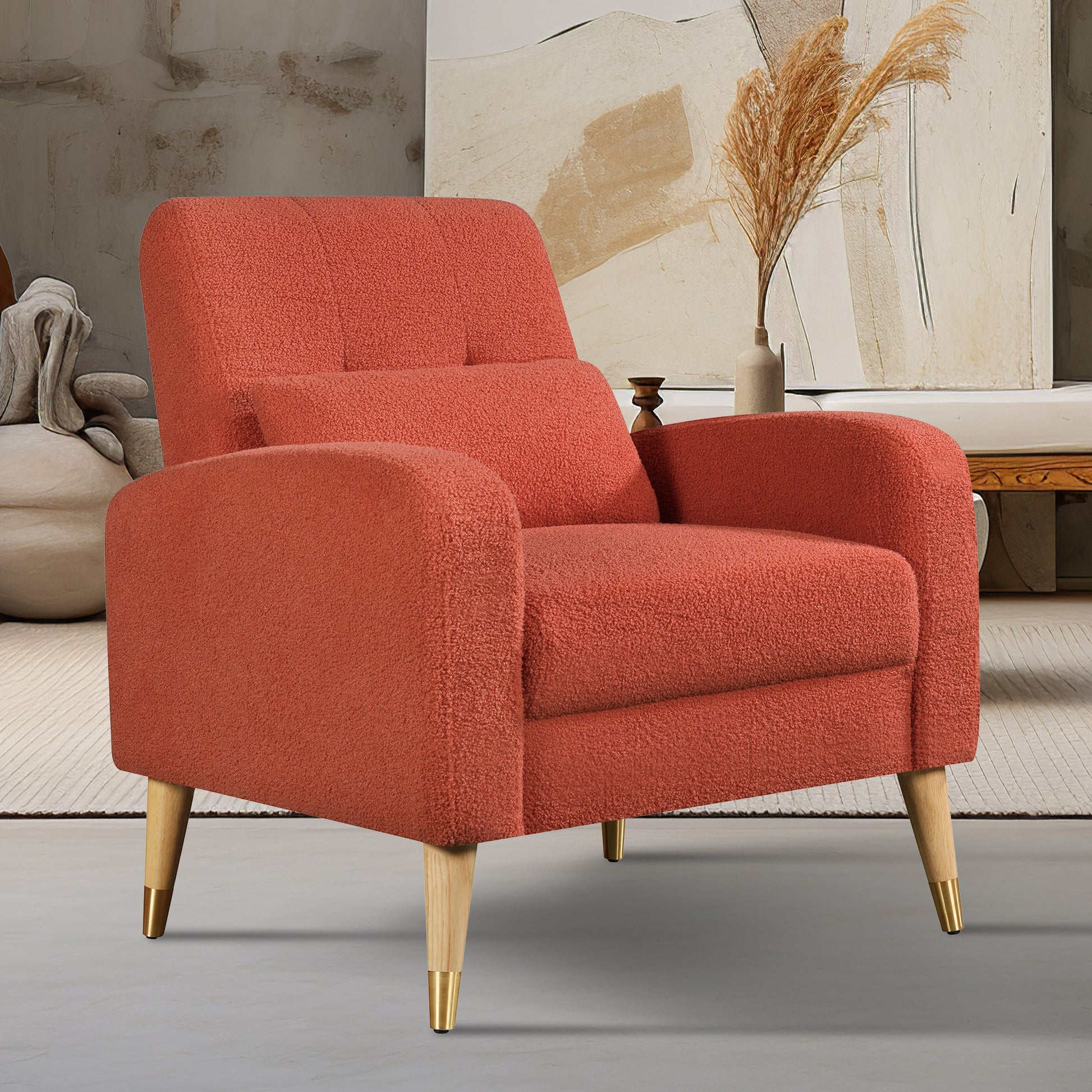 Mid Century Modern Accent Chair, Upholstered Armchair Living Room Chair, Comfy Single Sofa Chair With Metal Legs, Polyester Fabric Chair For Living Room Bedroom Red Sherpa