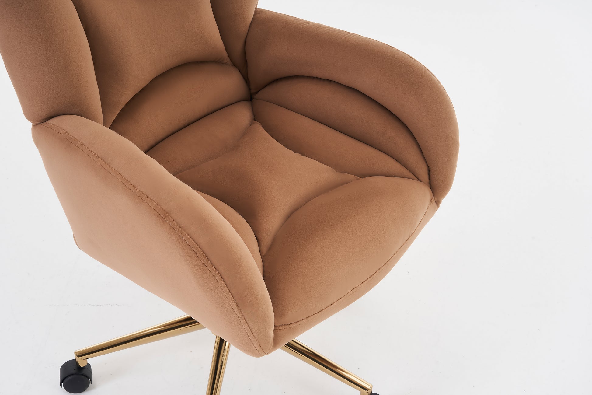 005 Velvet Fabric 360 Swivel Home Office Chair With Gold Metal Base And Universal Wheels,Coffee Solid Coffee Office Sponge Wipe Clean Modern Office Chairs Tufted Back Foam Swivel Velvet
