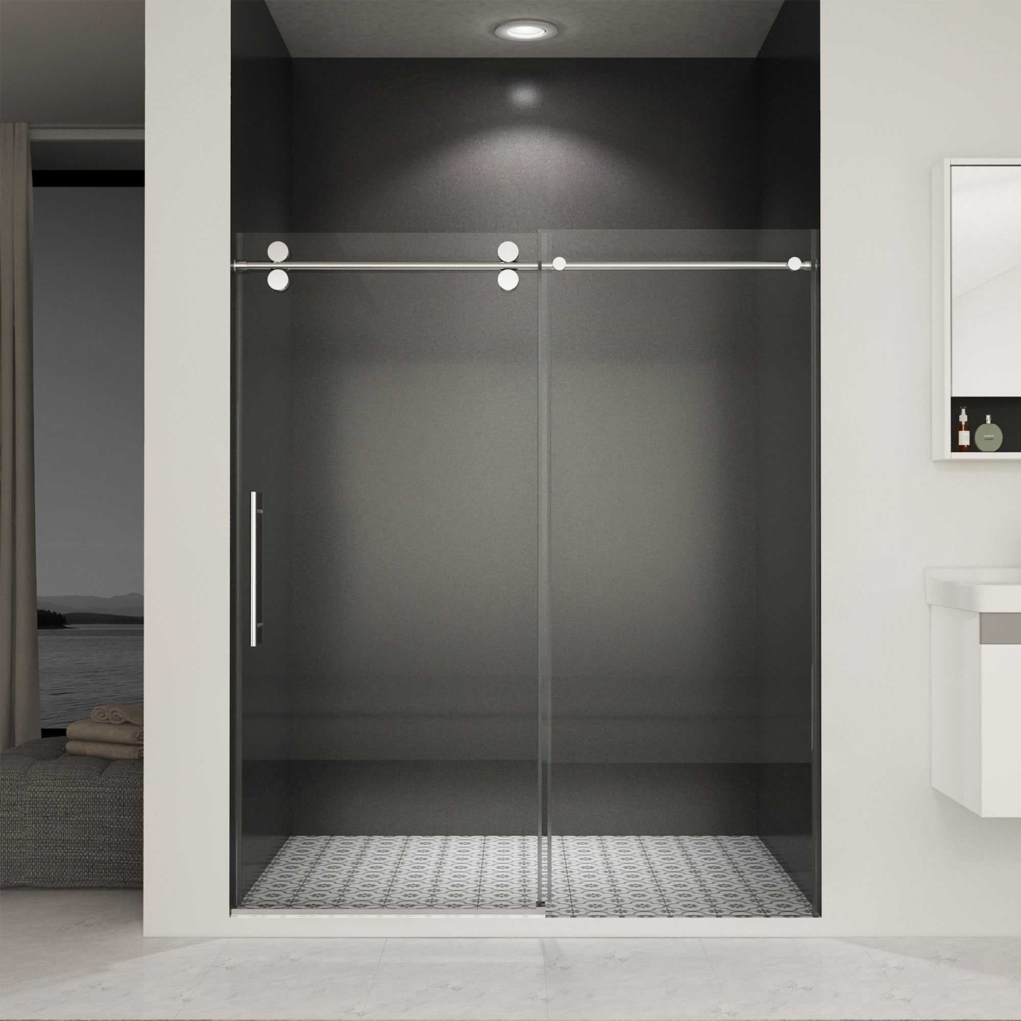 56" 60"W X 70"H Frameless , Sliding , With Premium 5 16" 8Mm Thick Tempered Glass Shower Enclosure ,Double Side Easy Clean Coat,Chrom Finished With Buffer Chrome Bathroom American Design Stainless