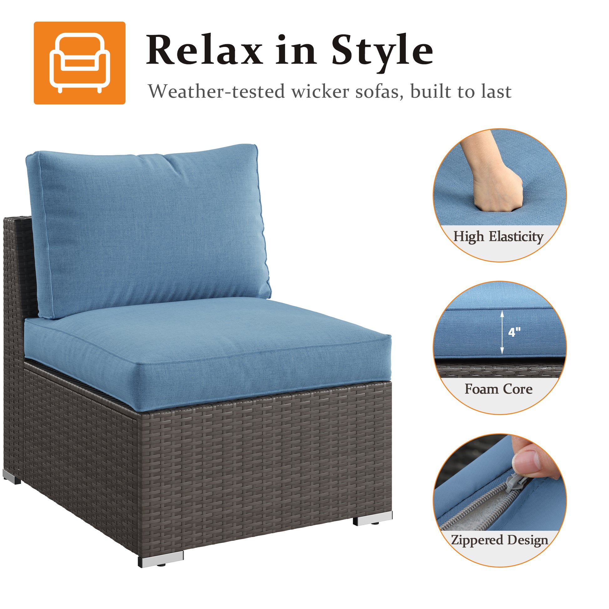 2 Piece Outdoor Patio Armless Sofa Pe Rattan Water Resistance Blue Blue Pe Rattan Iron