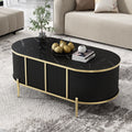 Modern Luxury Oval Shaped Fluted Coffee Table, Marble Patterned Top Coffee Table With 2 Cabinets, Metal Legs And Handles For Living Room, Black Date Of Expected Arrival: 11.20 Black Mdf