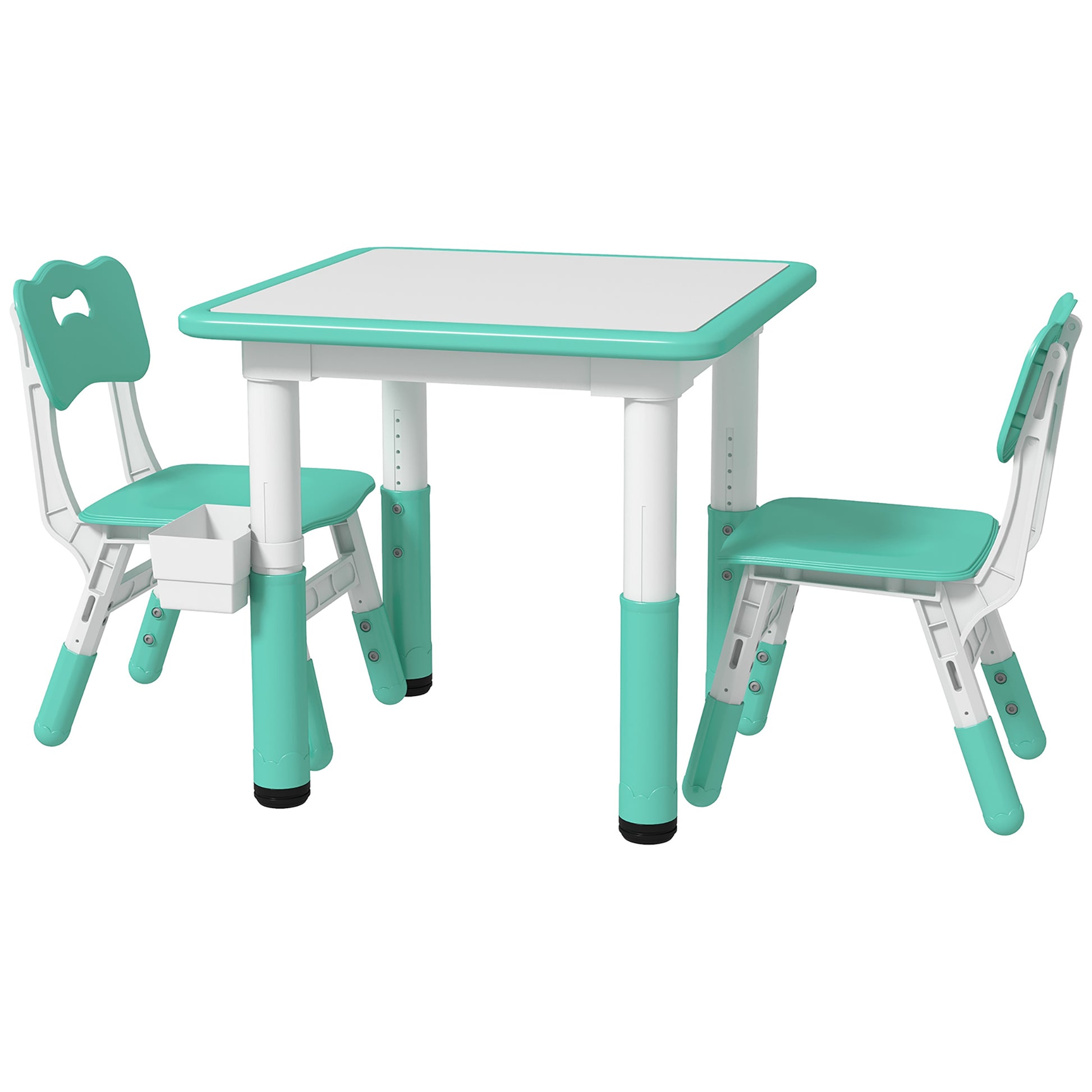 Qaba 3 Pieces Kids Table And Chairs, Height Adjustable Toddler Table And Chair Set With Storage, Easy To Wipe, Activity Table 2 Chairs For Classroom, For Daycare Classroom, 18 Months 5 Years, Green Green Plastic