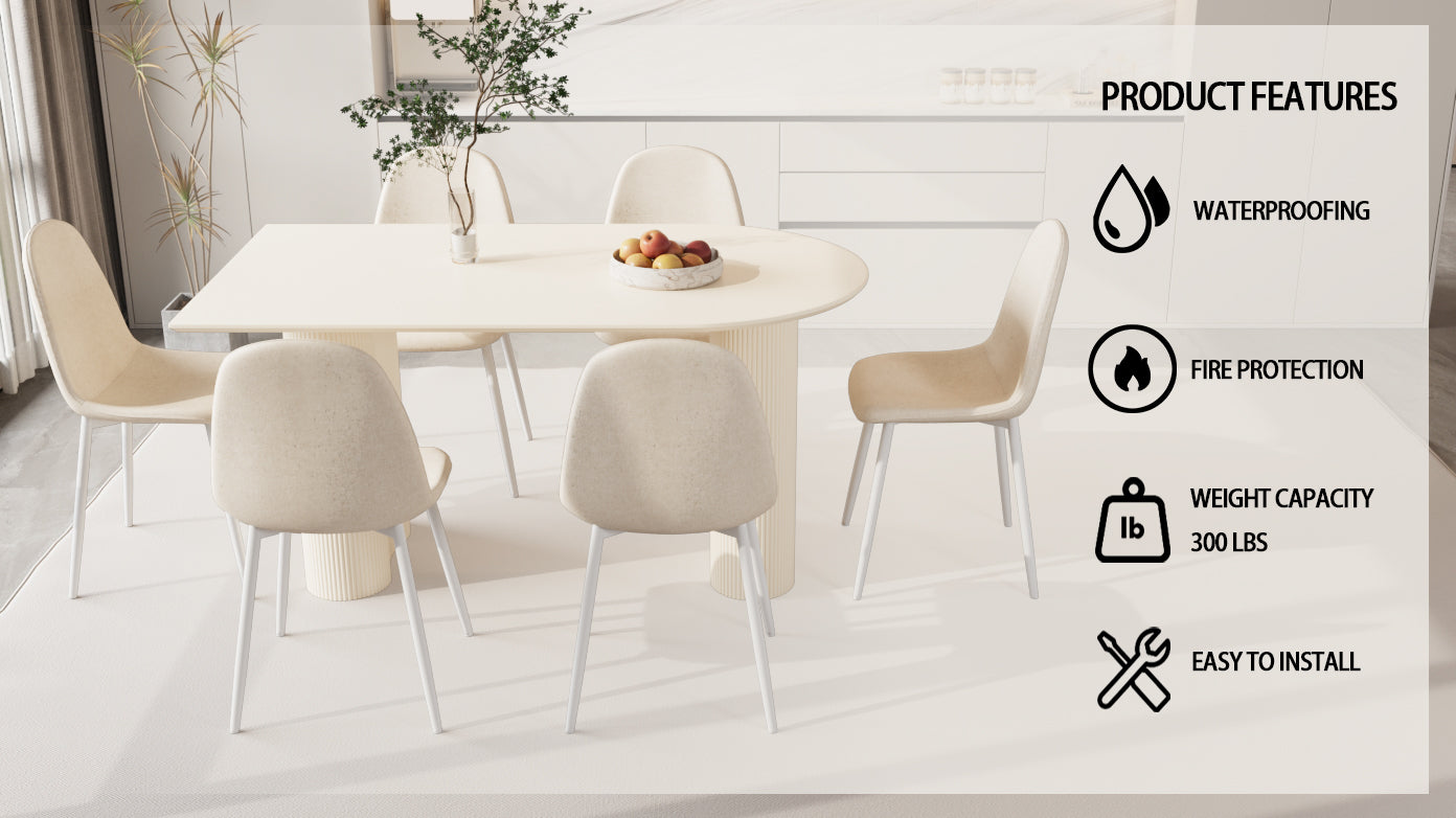 63 "Mdf Cream Style Coffee Table And Modern Dining Chair 8 Piece Set, Modern Kitchen Dining Table Set, Round Wave Table Legs, Dining Table And Round Linen Chairs Buy 6 Chairs And Get 2 Free Beige