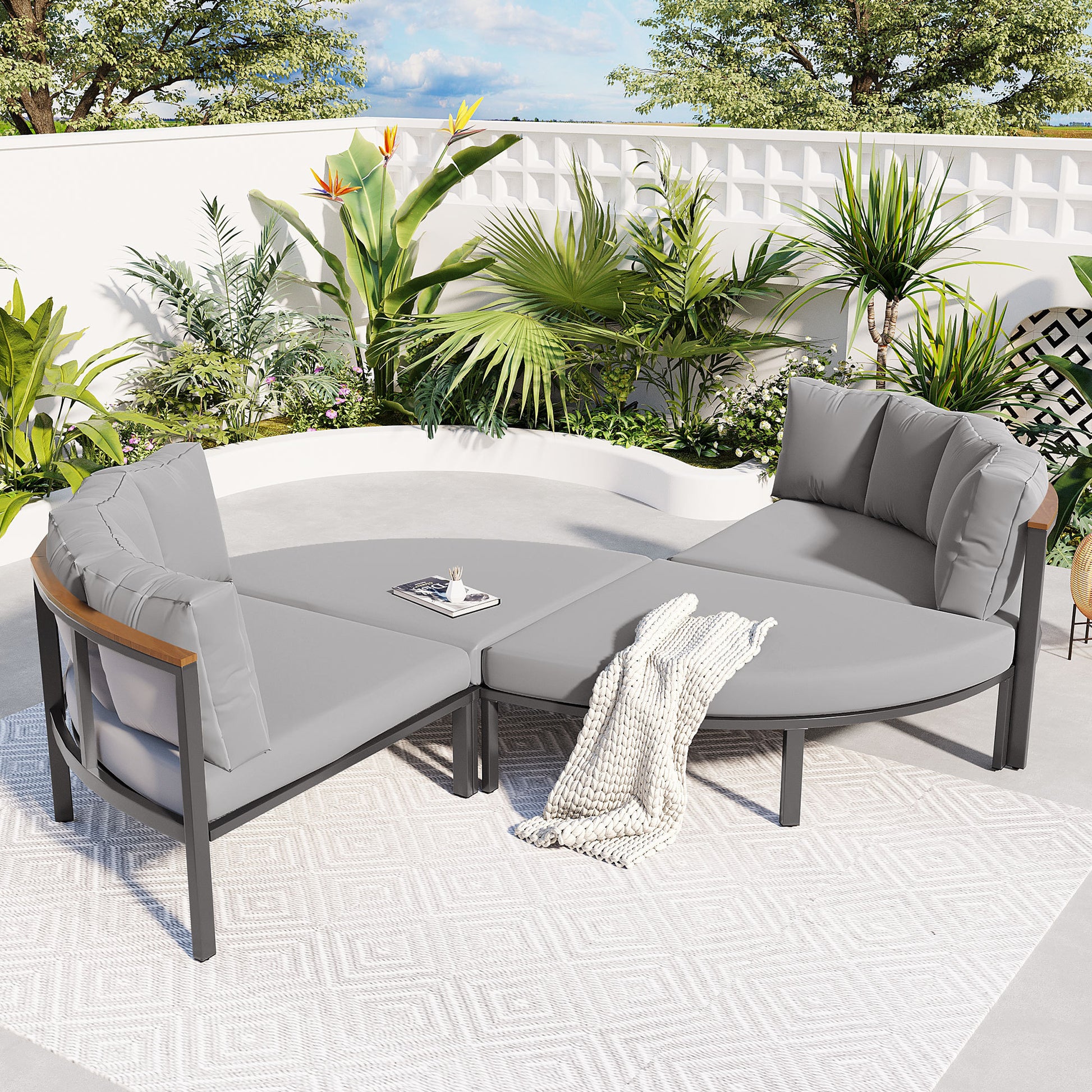 Patio Furniture Set, 4 Piece Round Outdoor Conversation Set All Weather Metal Sectional Sofa With Cushions Grey Seats 6 Metal