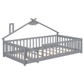 Twin House Shaped Bedside Floor Bed With Guardrails, Slats, With Door,Grey Twin Grey American Design Pine