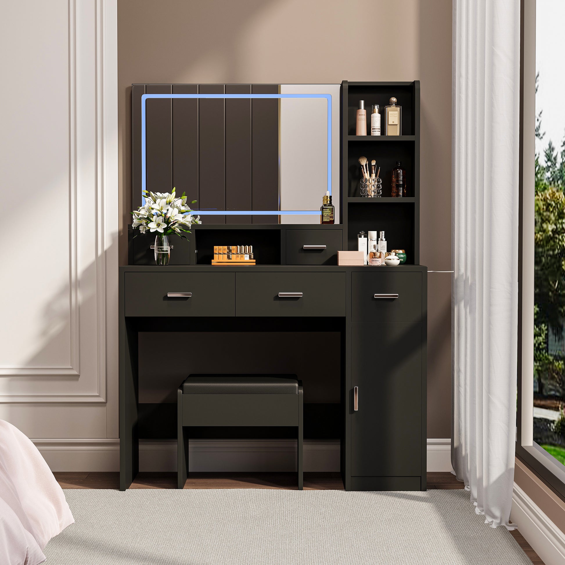 Black Dressing Table With Led 3 Color Illuminated Mirror And Power Outlet, Dressing Table With Drawers, Storage Box And Shelf, Dressing Table With Bedroom Cushioned Stool Black 5 Drawers & Above